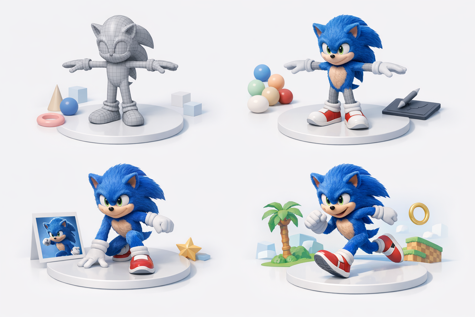 Sonic 3D建模分步工作流程示意图