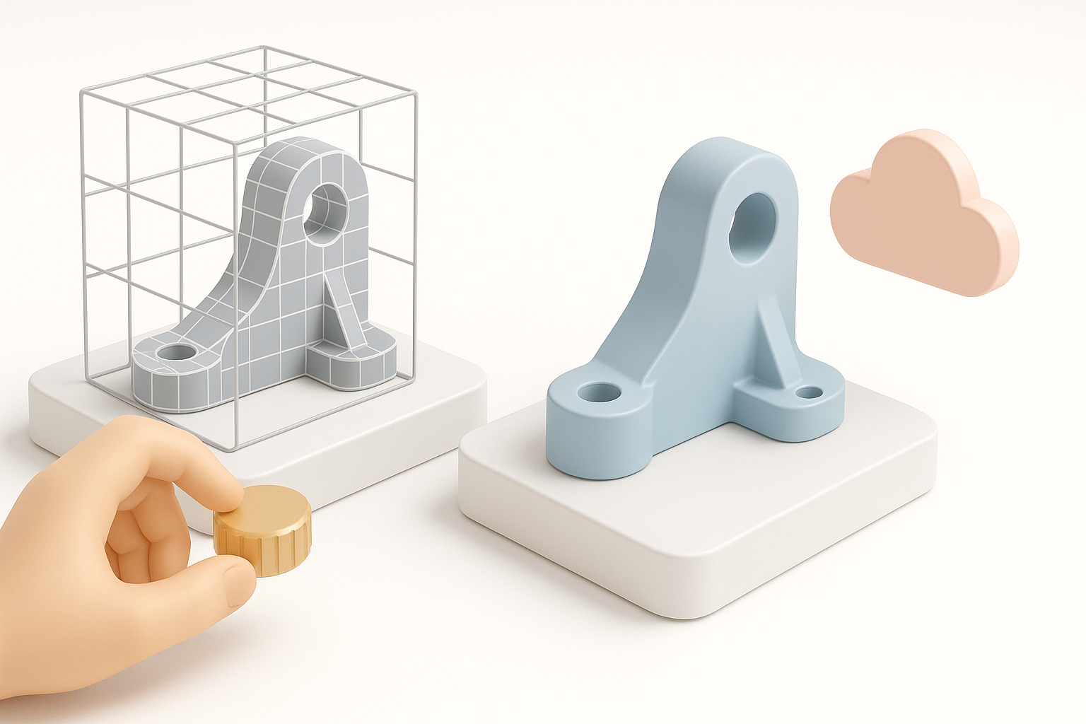3D CAD 建模方法对比:手动建模与 AI 辅助建模示意图
