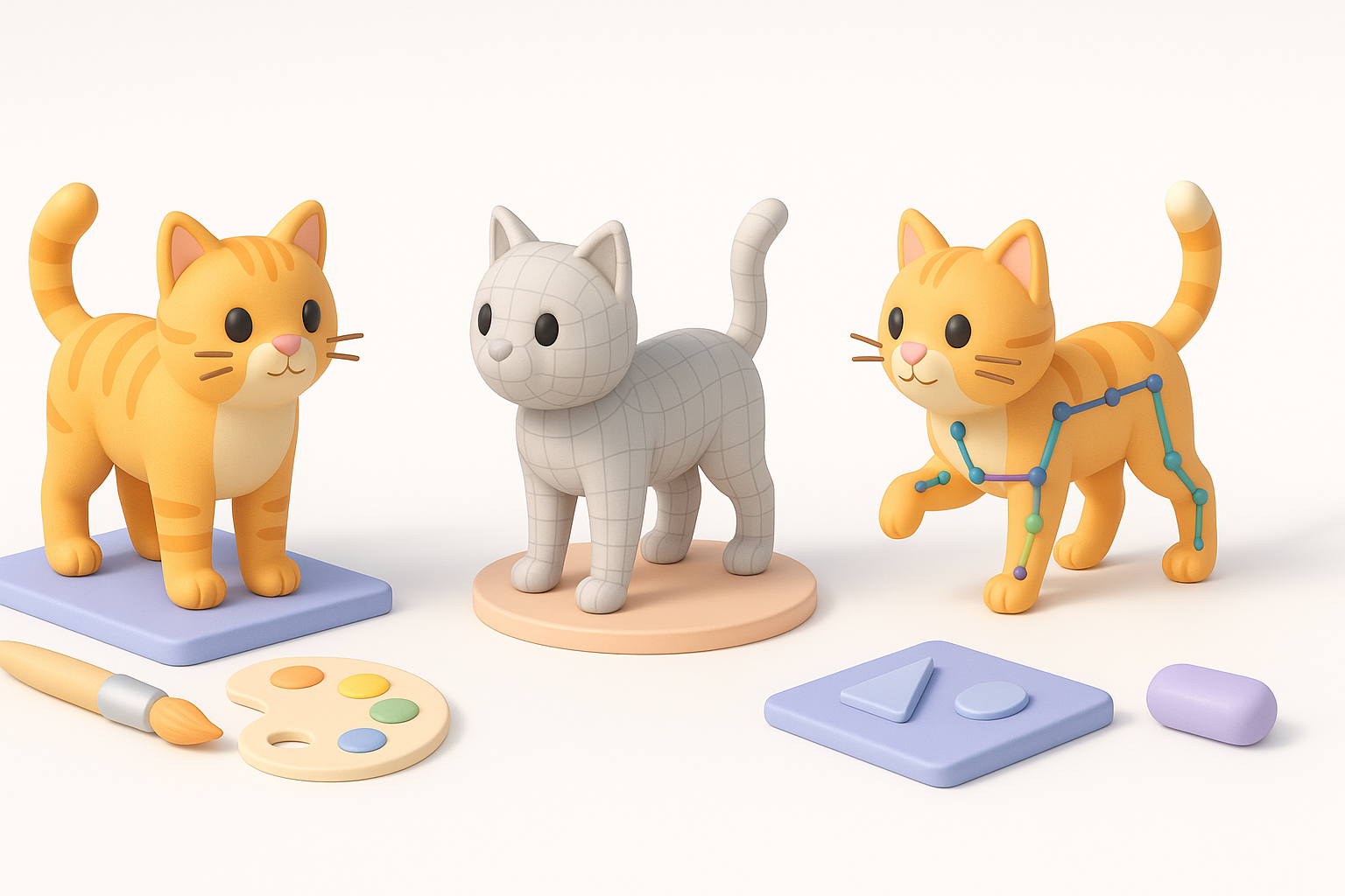 猫咪模型的贴图、绑定与动画示意图
