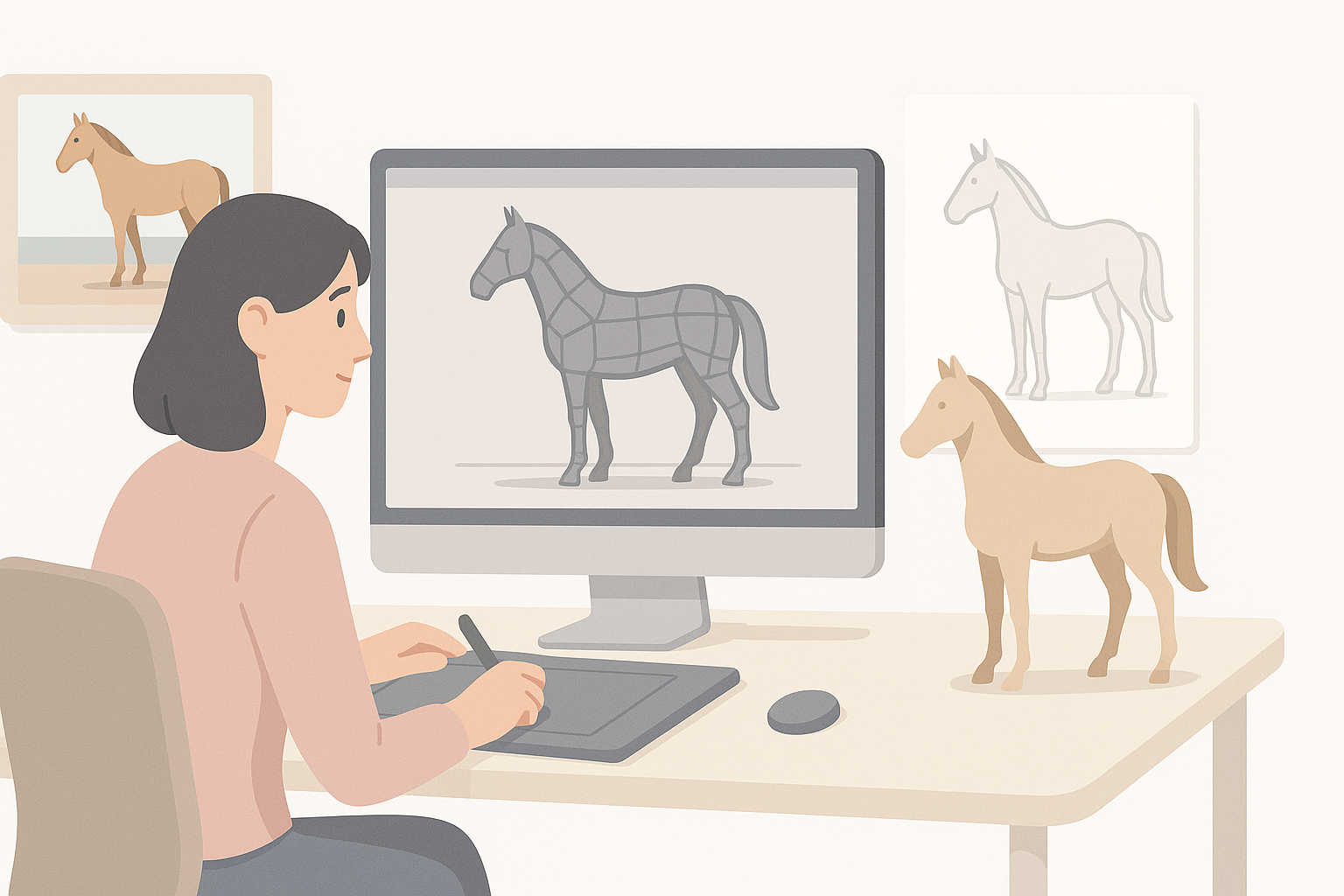 Ilustración de planificación y recopilación de referencias para un modelo 3D de caballo