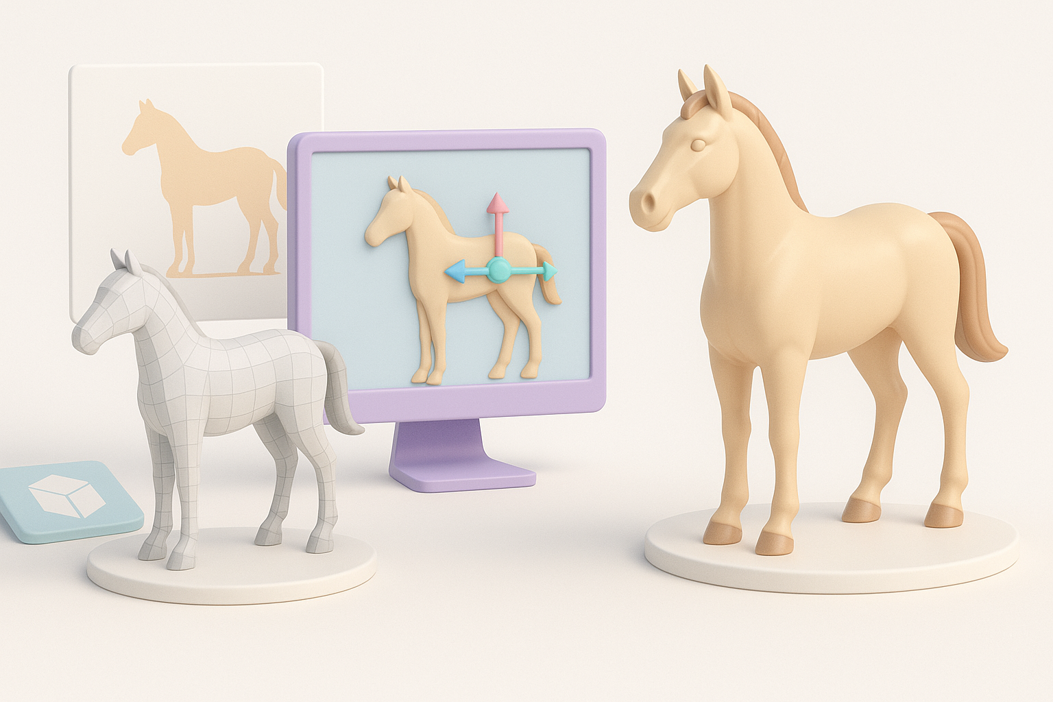 Ilustración del flujo de trabajo paso a paso para el modelado 3D de caballos