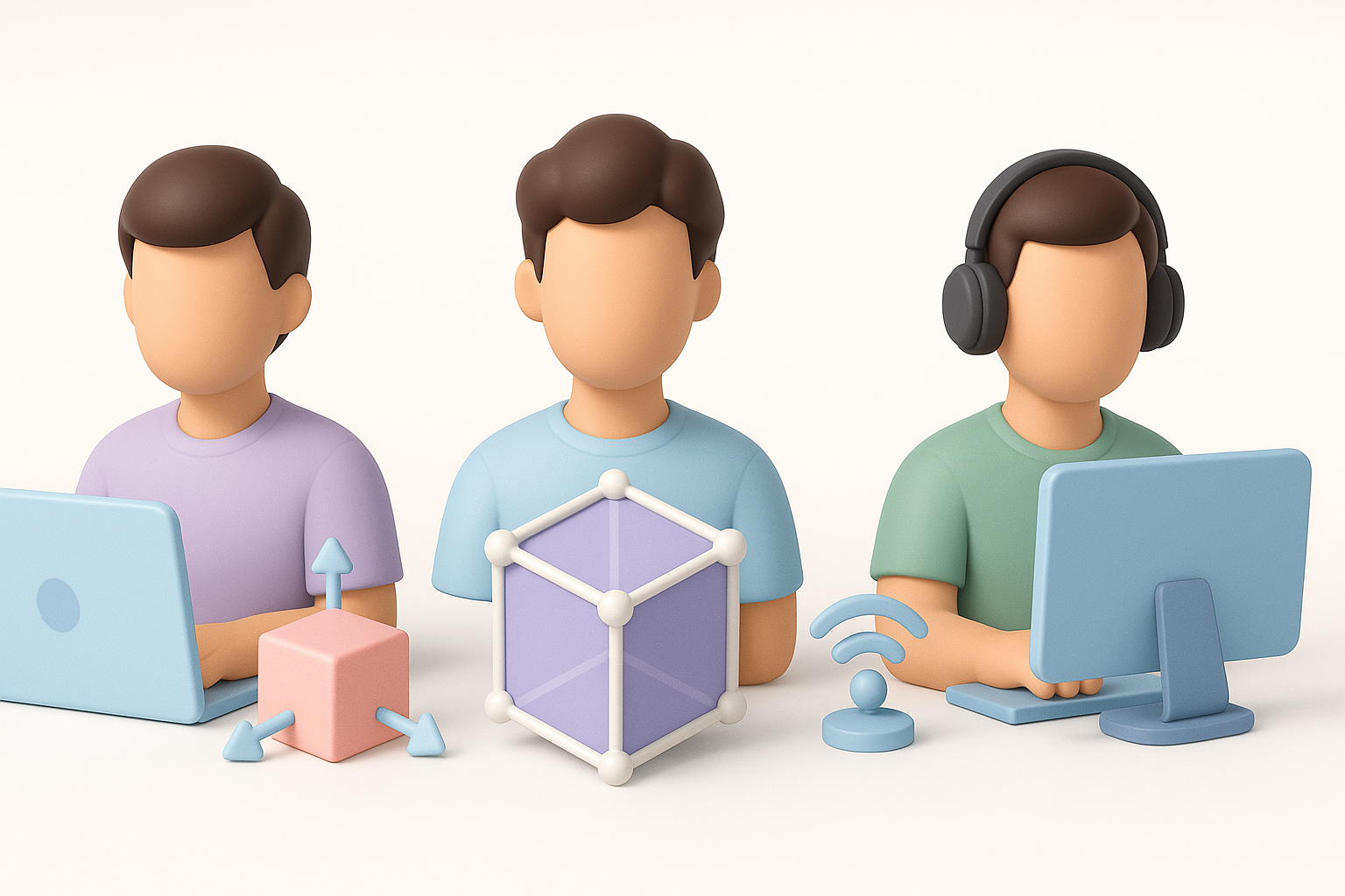 Ilustración comparando roles en empresa, freelance y trabajo remoto en modelado 3D