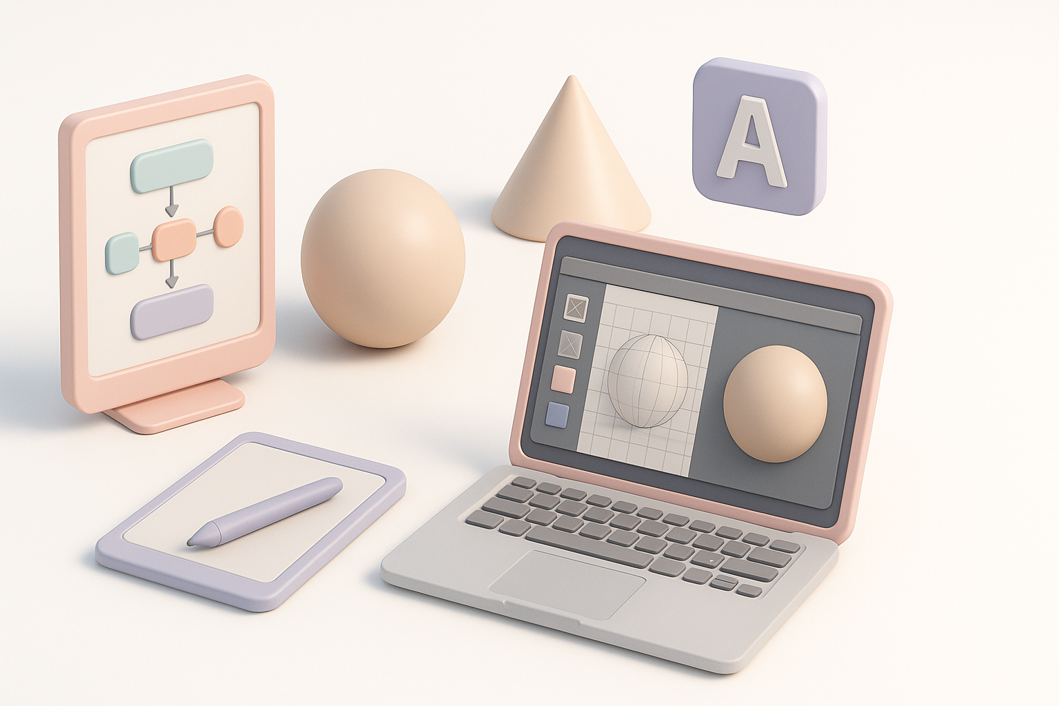 我使用 Adobe 工具创建 3D 模型的分步工作流程示意图