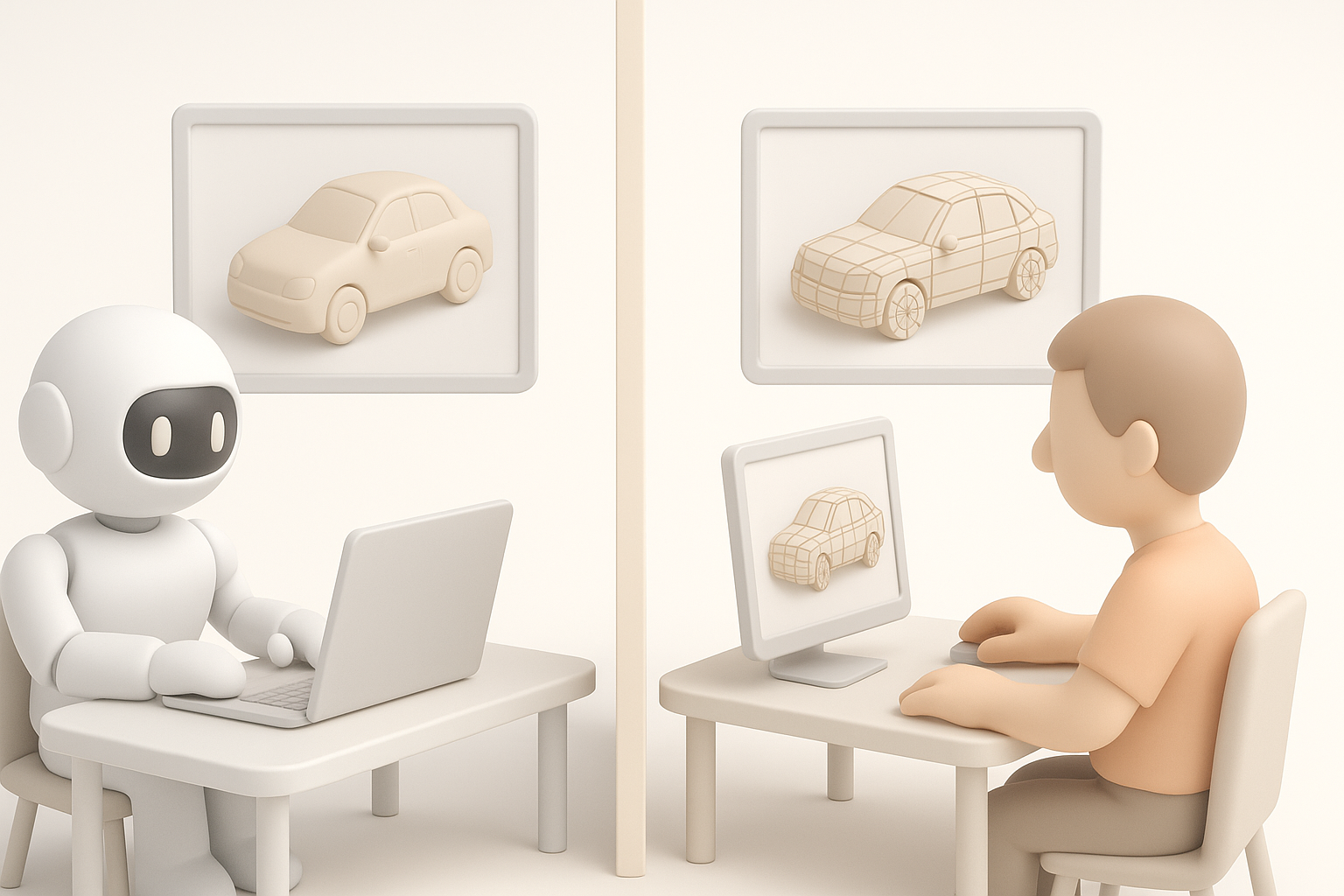 AI 驱动与手动 3D 工作流程对比示意图