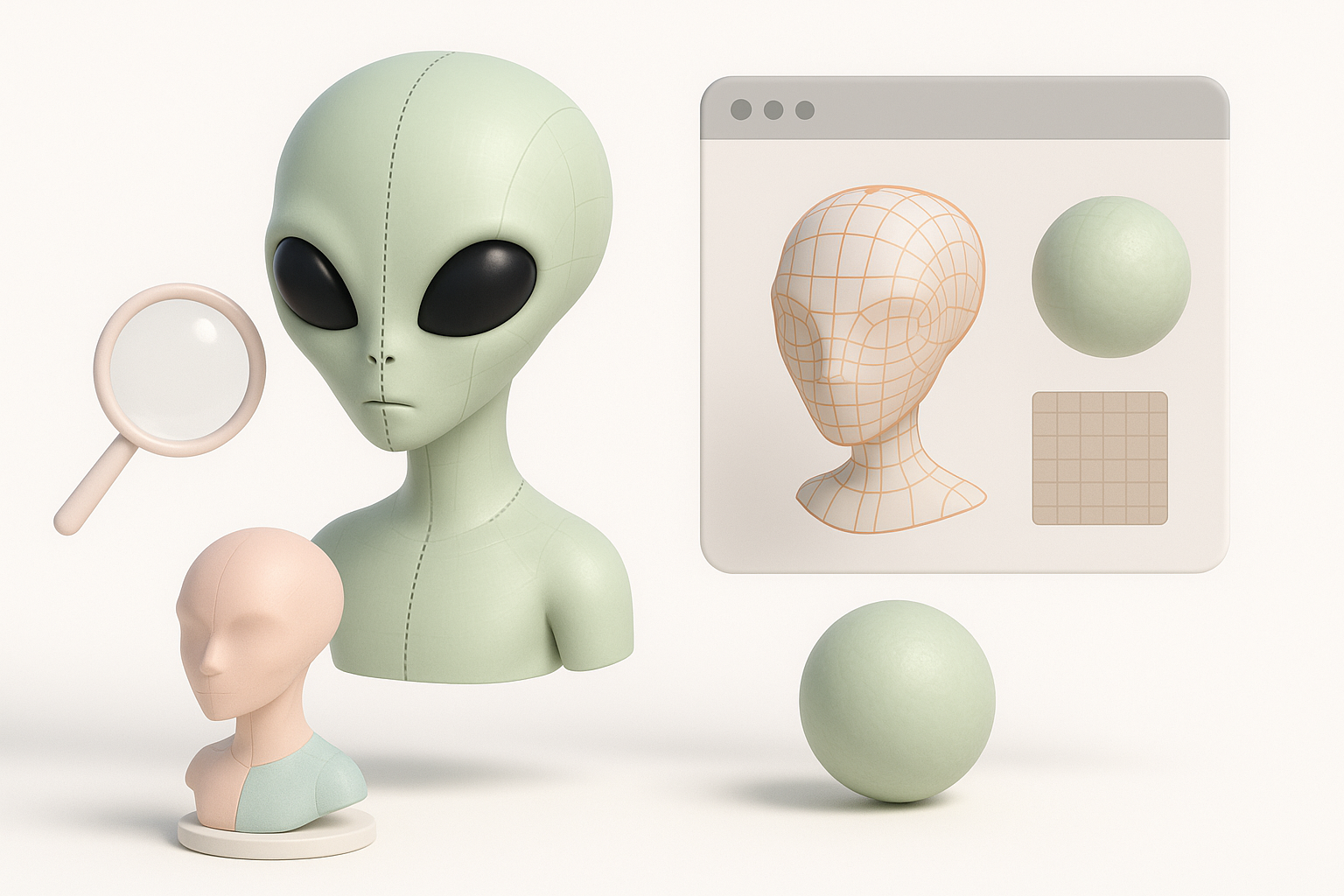 优化外星人模型:分割、Retopology与Texturing示意图