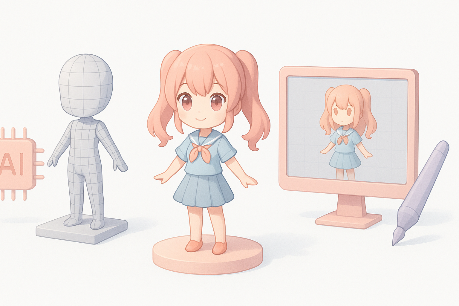 AI驱动与手动3D创作方式对比示意图