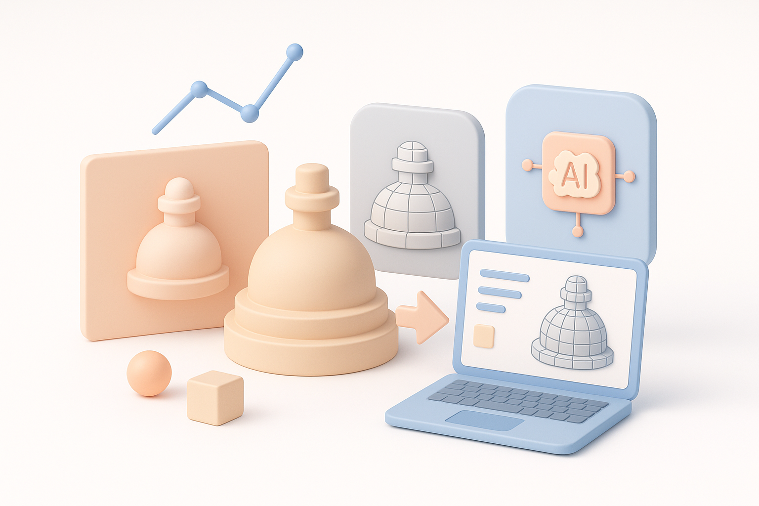 AI 驱动与传统 3D 建模方法对比示意图