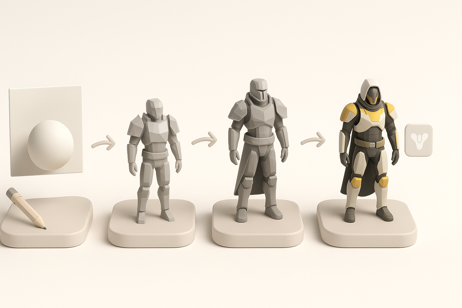 我的 Destiny 2 3D 模型分步工作流程示意图