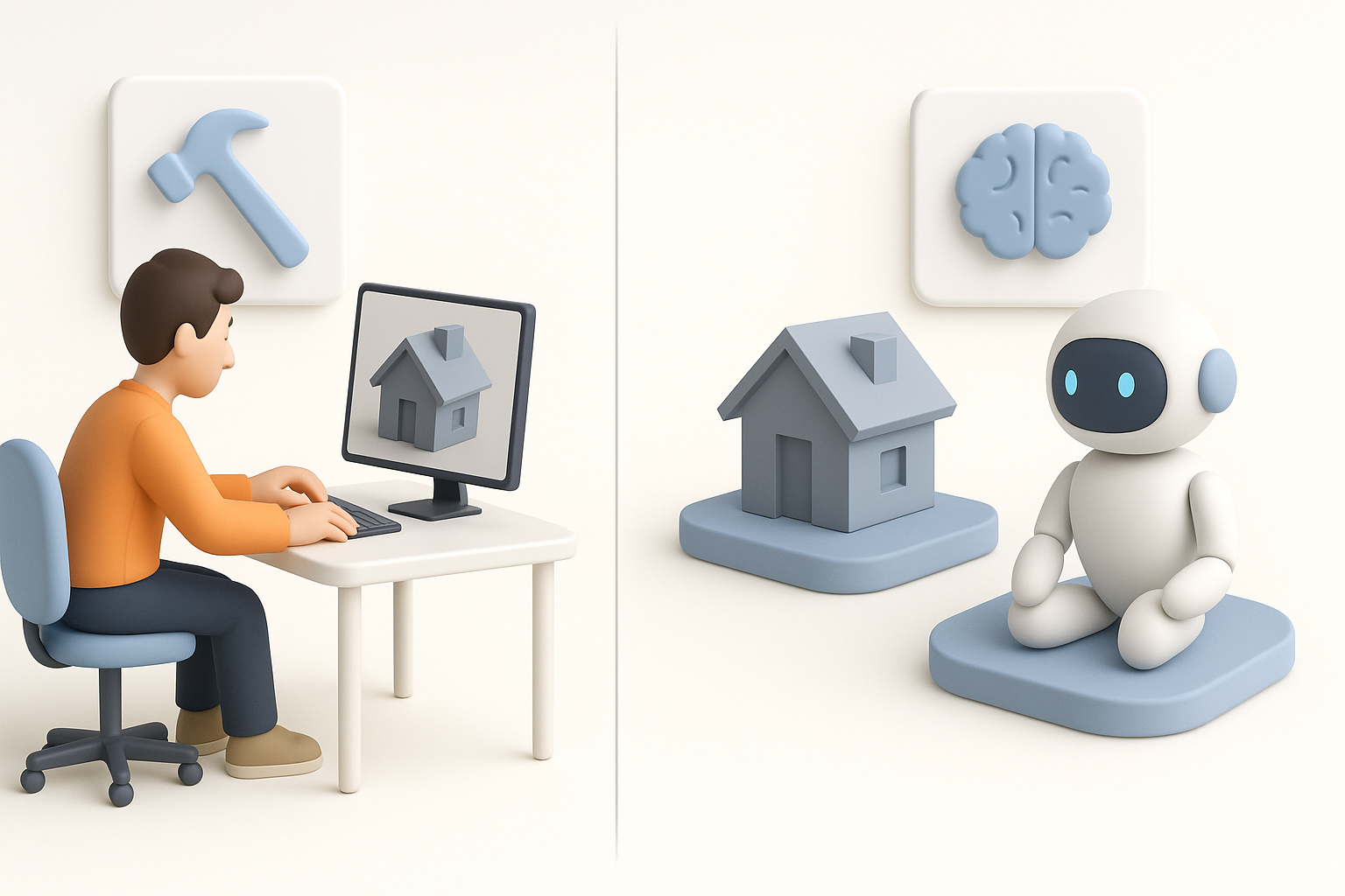 手动与 AI 辅助 3D 工作流程对比示意图