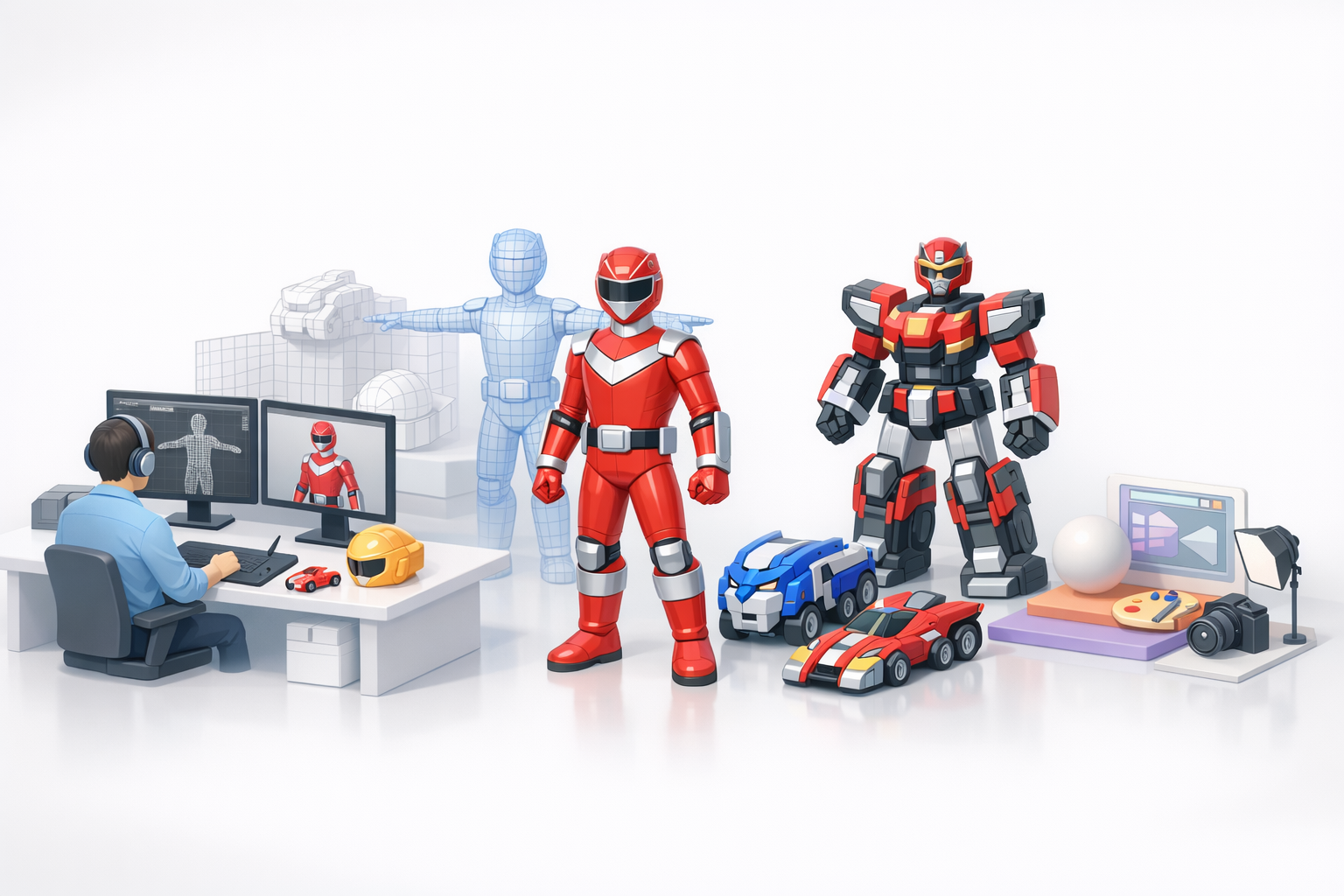 我的Go-Onger 3D模型生成工作流程示意图