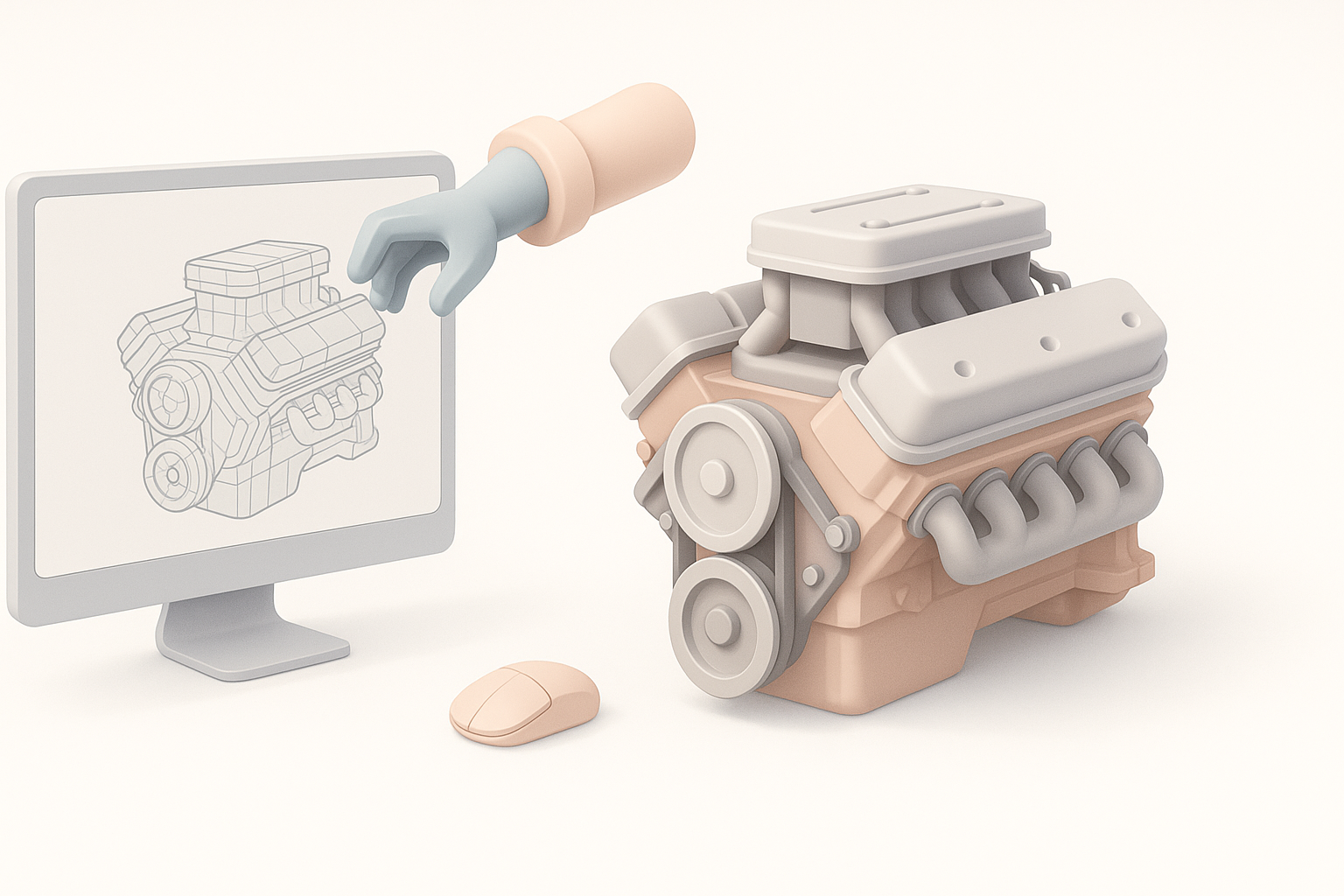 Ferramentas com IA e dicas para modelagem 3D eficiente de motores ilustração