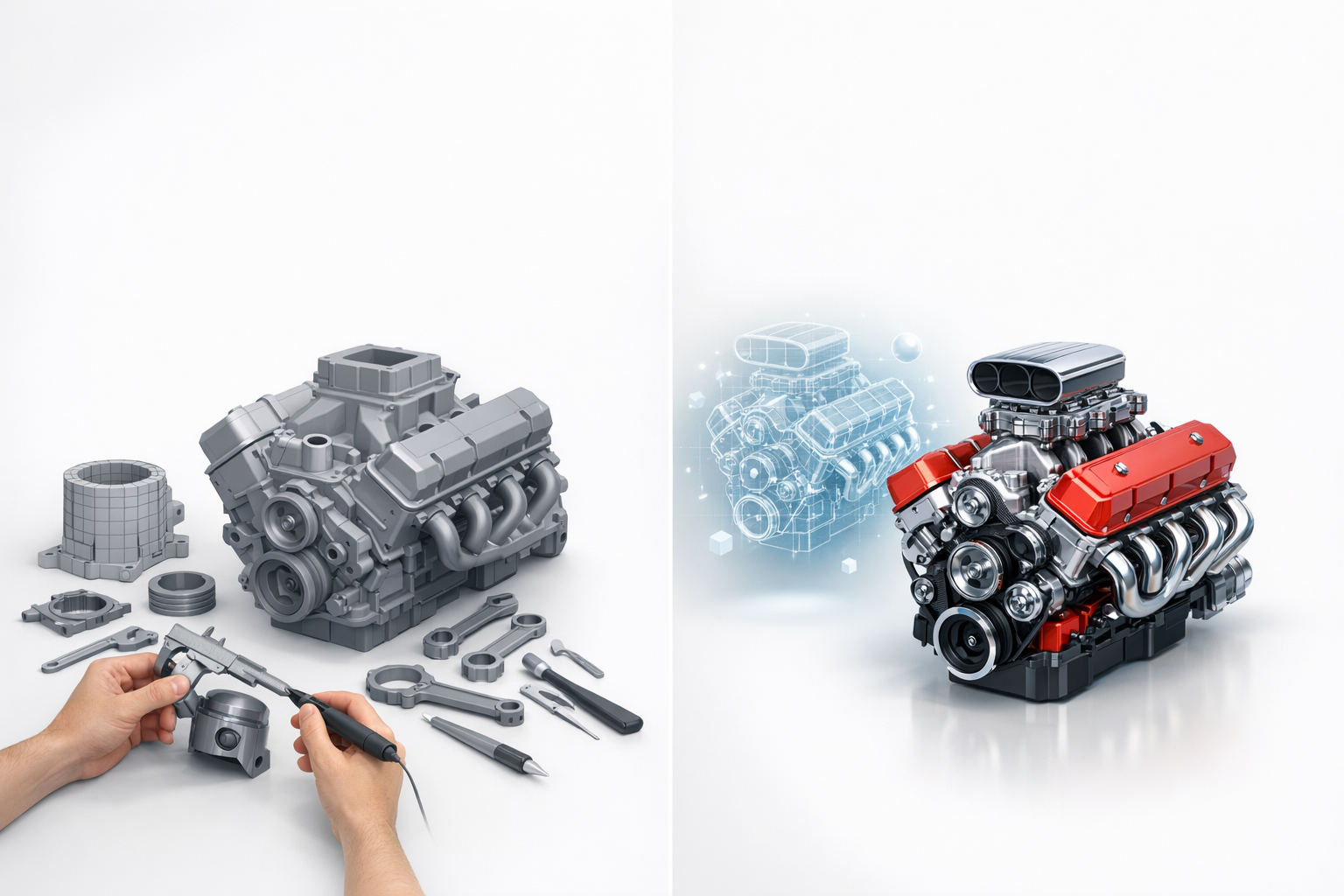 Comparando modelagem manual e assistida por IA do motor V8 ilustração