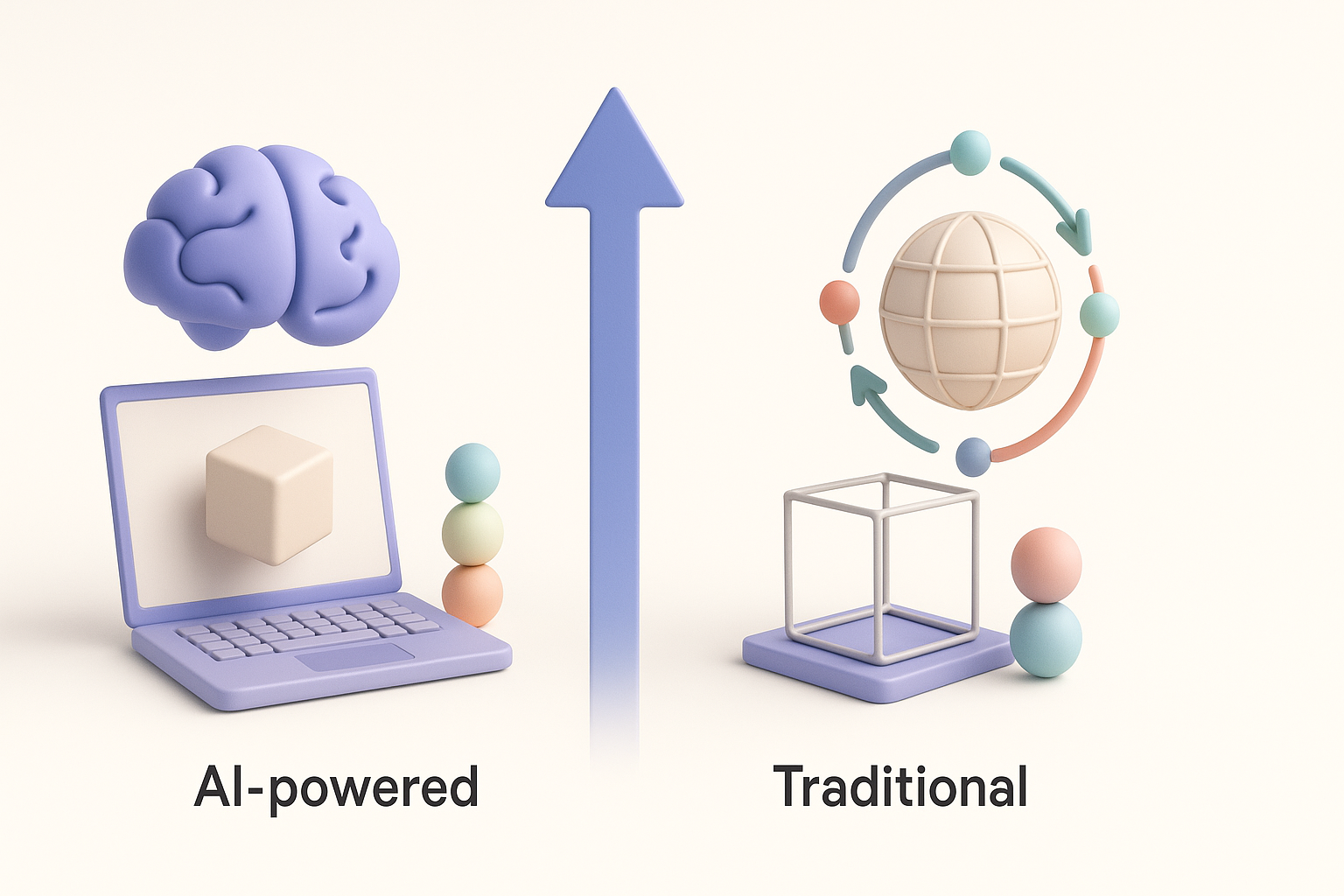 AI 驱动与传统 3D 工作流程对比示意图