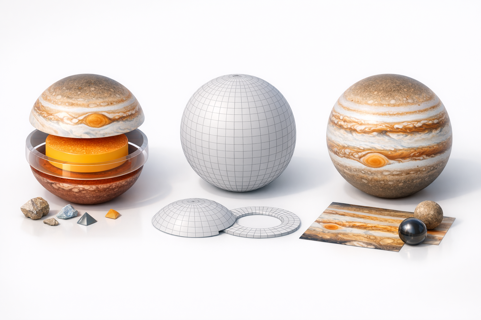 优化木星模型：分割、Retopology与贴图示意图