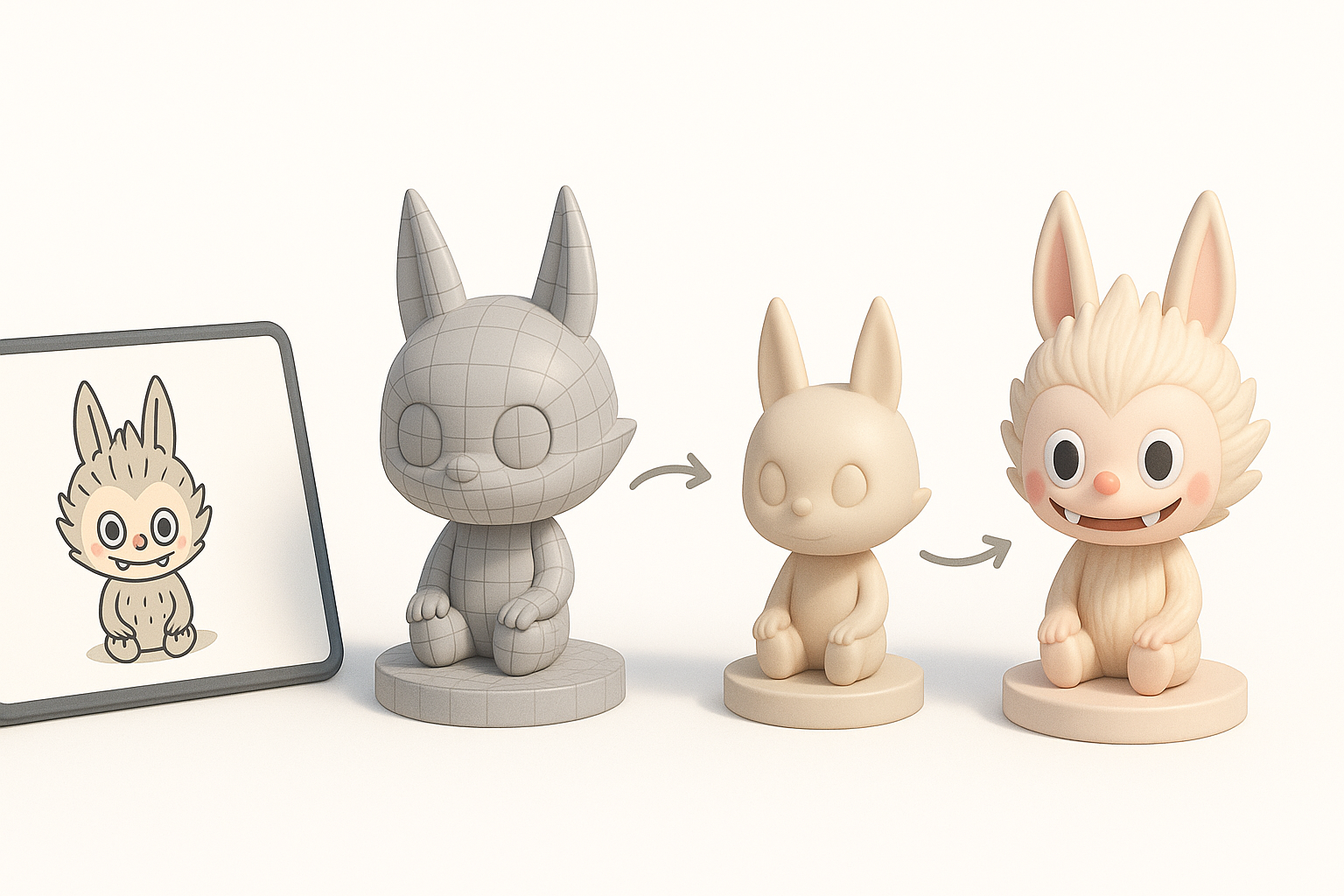 Labubu 3D 模型制作的分步工作流程示意图