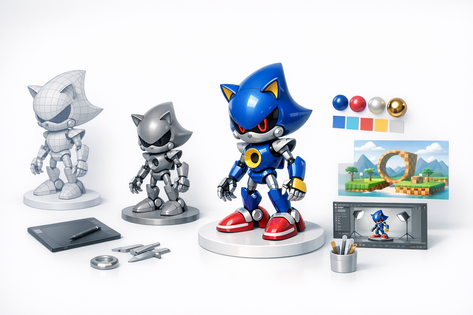 概览：Metal Sonic 3D 模型制作示意图