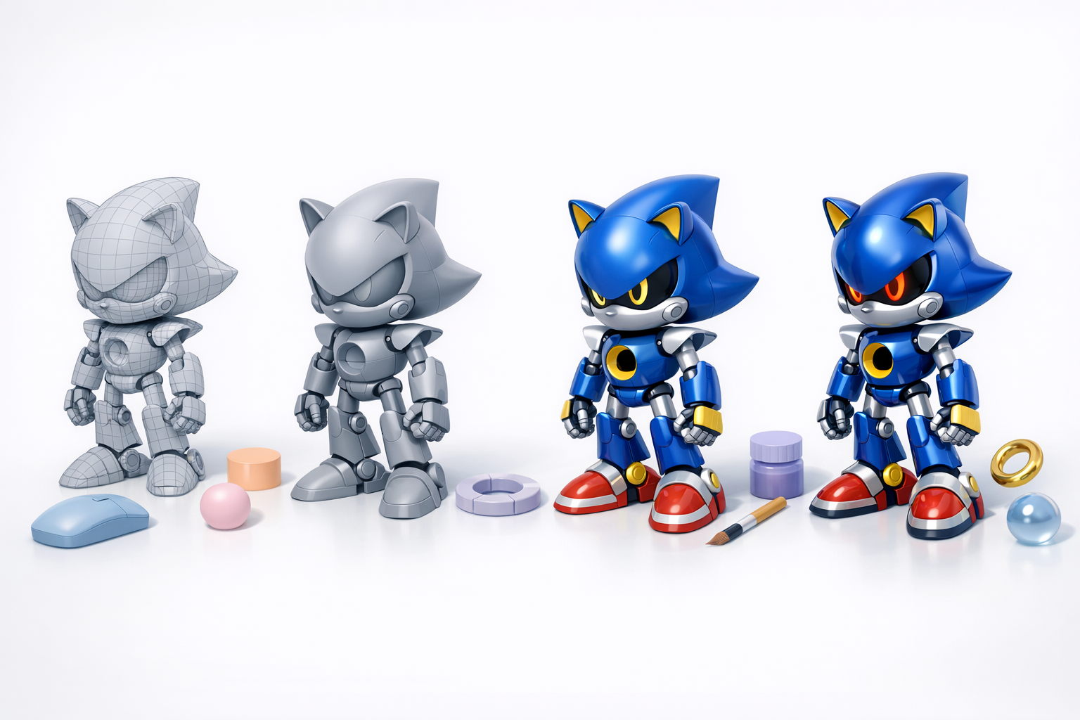 Metal Sonic 建模分步流程示意图