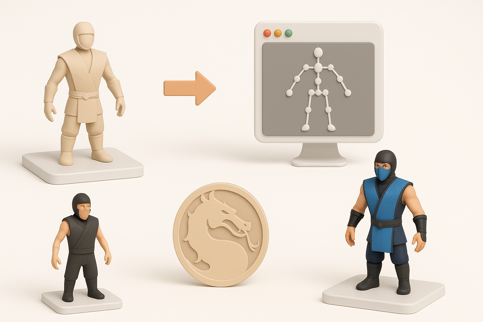 《真人快打1》3D模型分步工作流程示意图