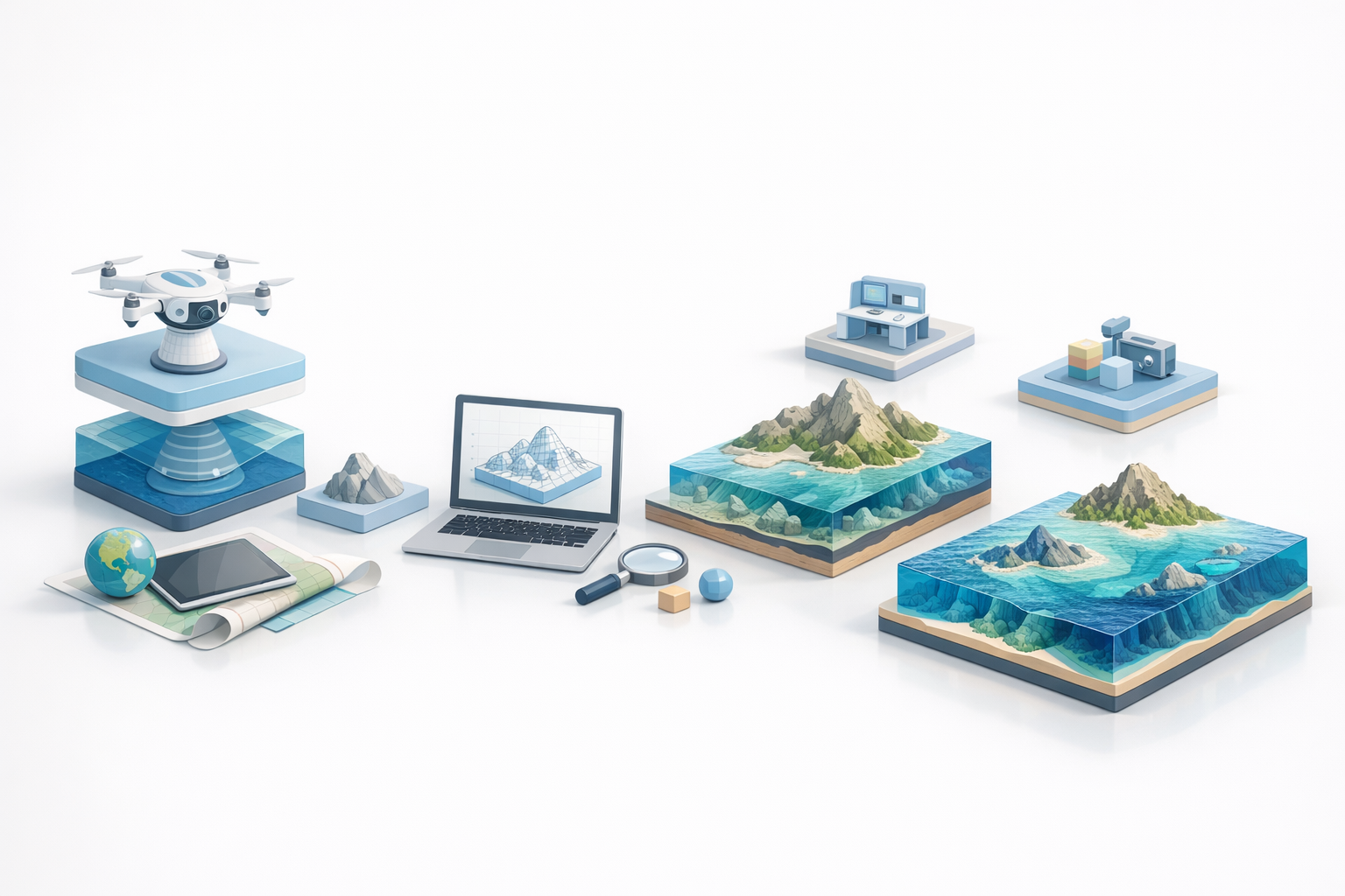 构建海洋深度3D模型的分步流程示意图
