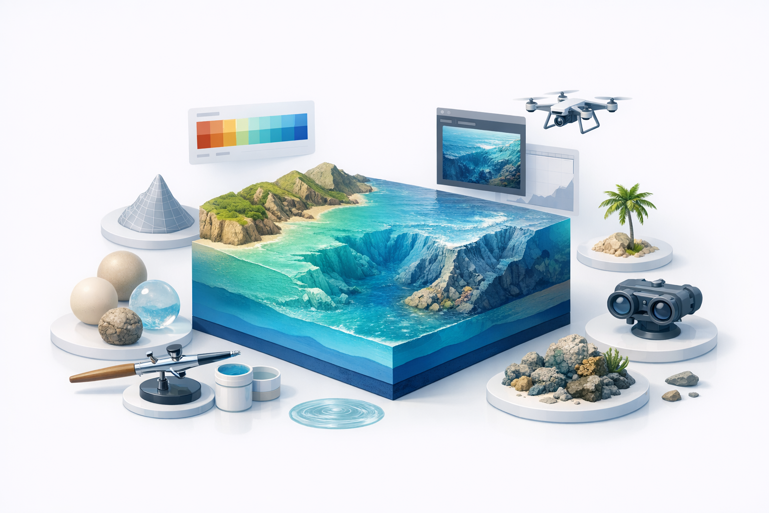 海洋深度模型的纹理处理与真实感提升示意图