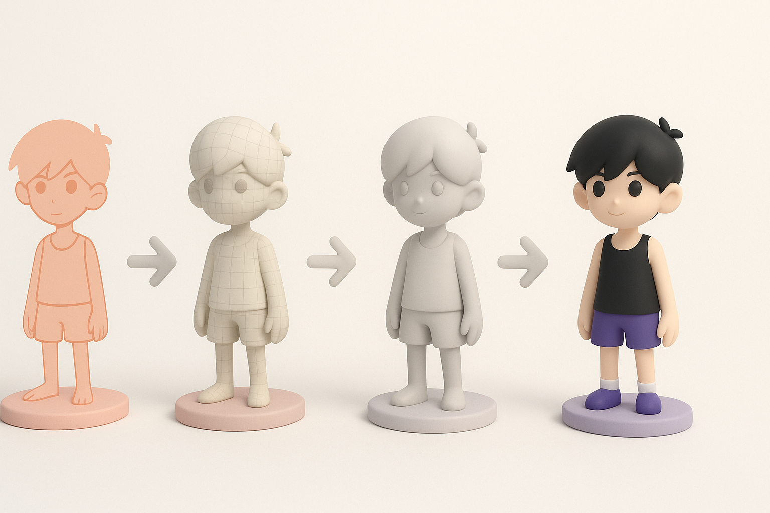 Step-by-Step Omori 3D Model Creation Workflow illustration