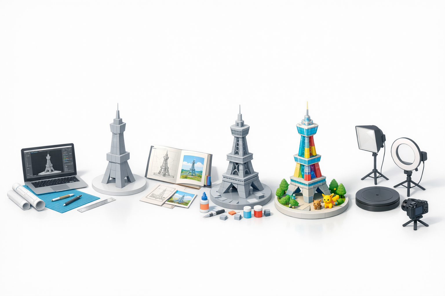 棱镜塔模型分步制作工作流程示意图