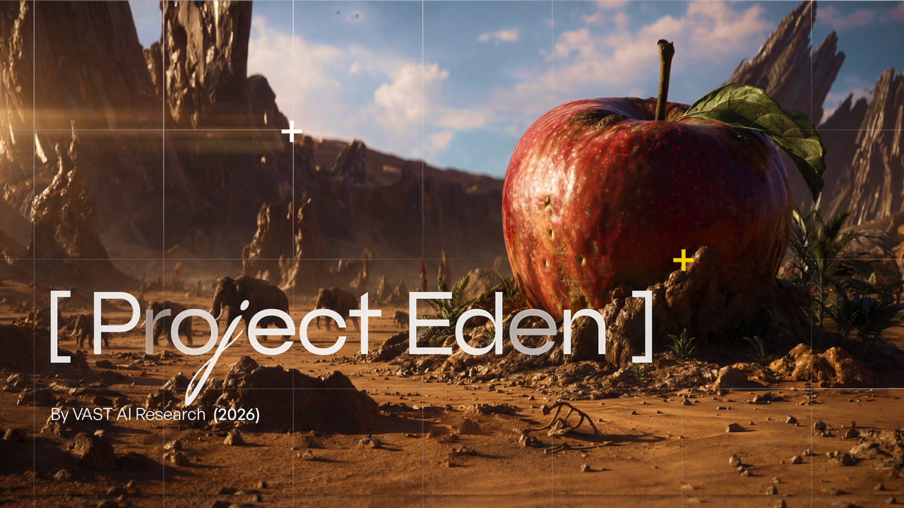 Project Eden title banner showing a giant red apple in a desert canyon landscape, by VAST AI Research