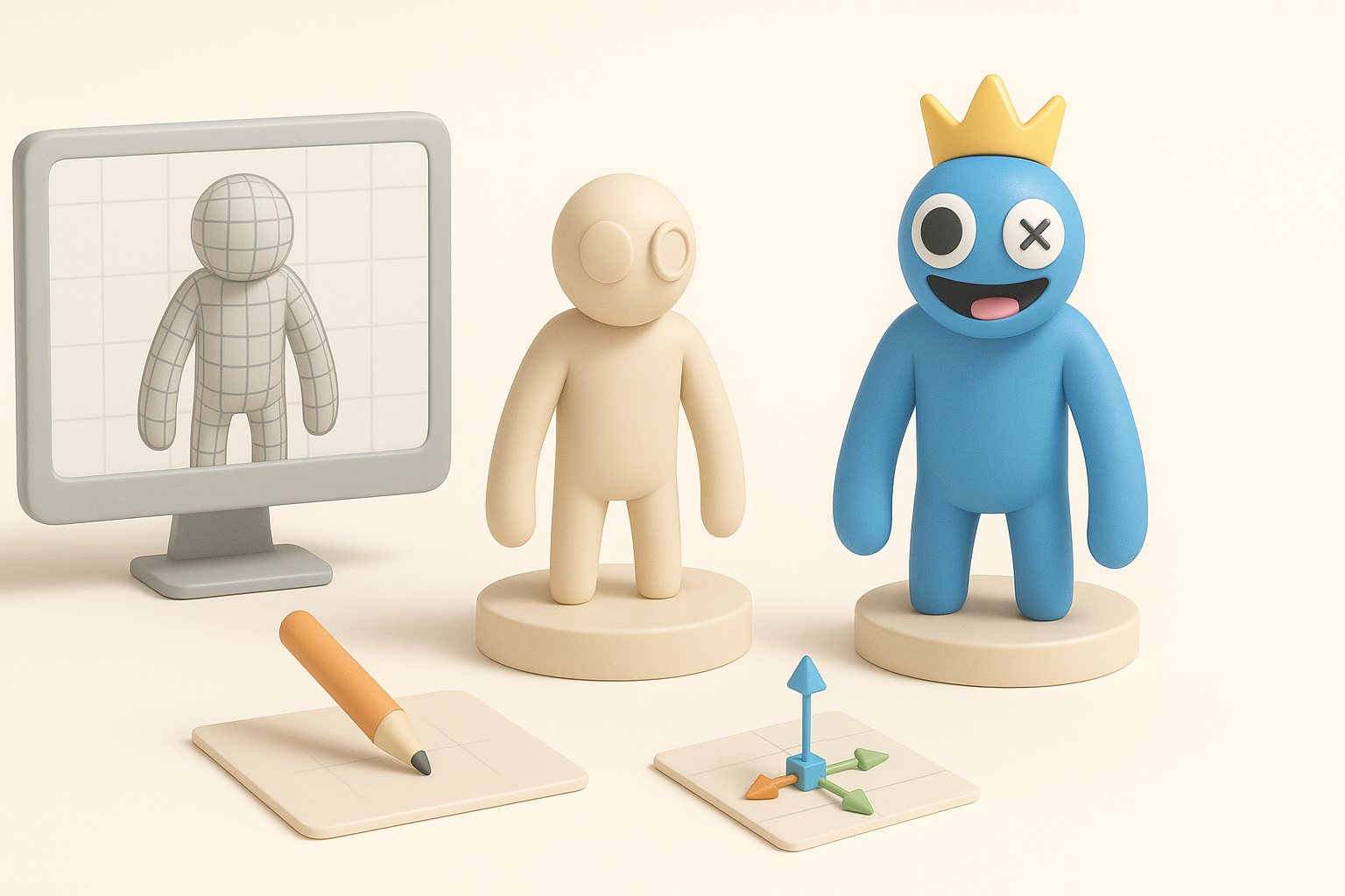 Rainbow Friends 3D 模型制作概览示意图