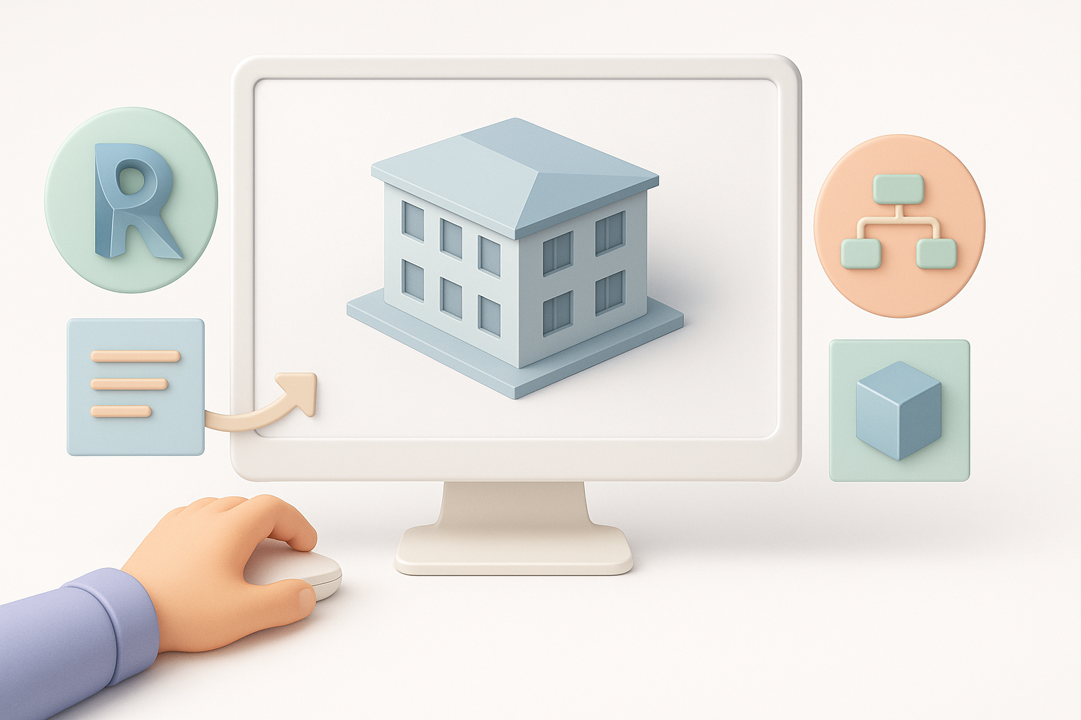 Ilustración del flujo de trabajo para crear modelos 3D listos para producción en Revit