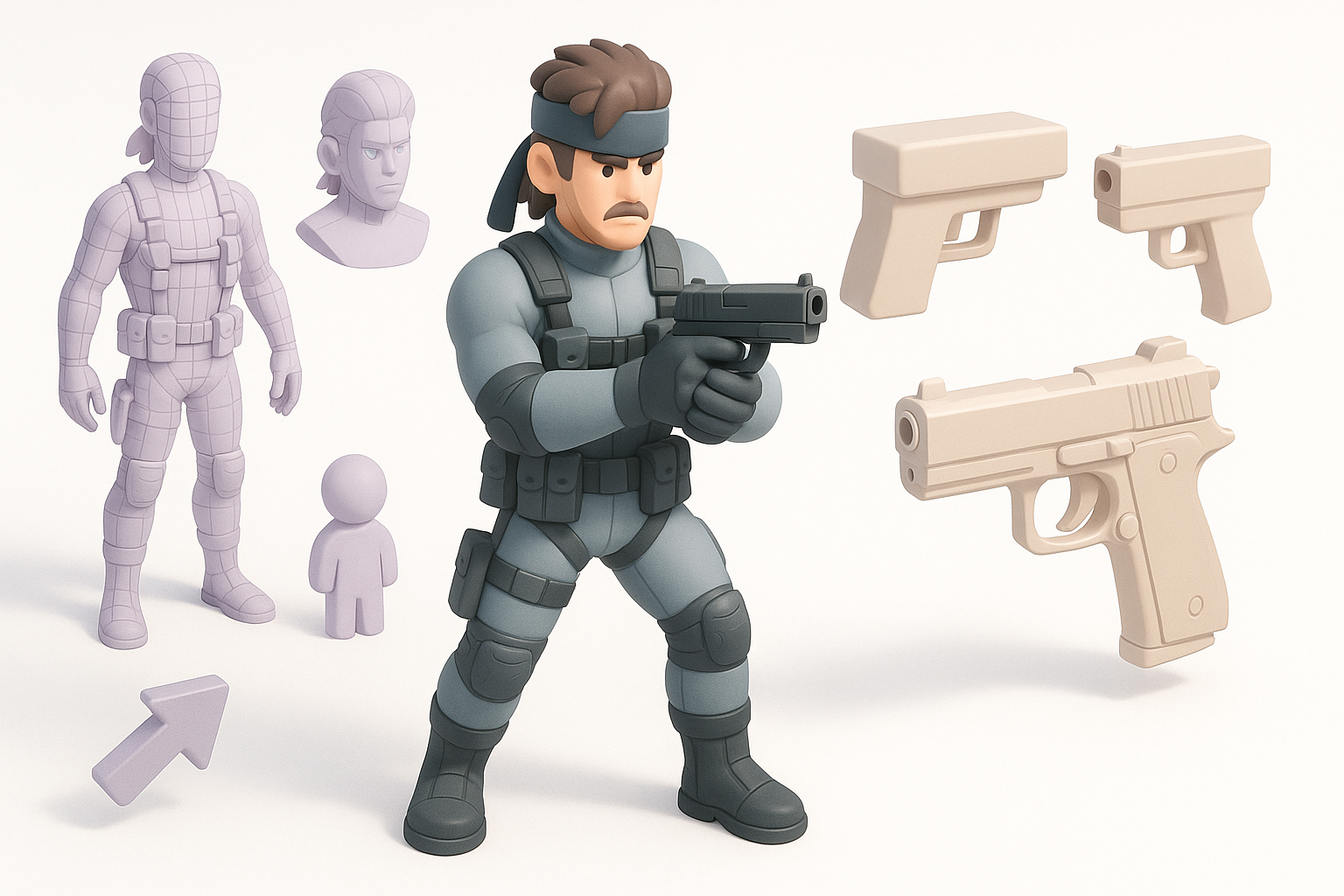 Solid Snake 与枪械建模分步流程示意图