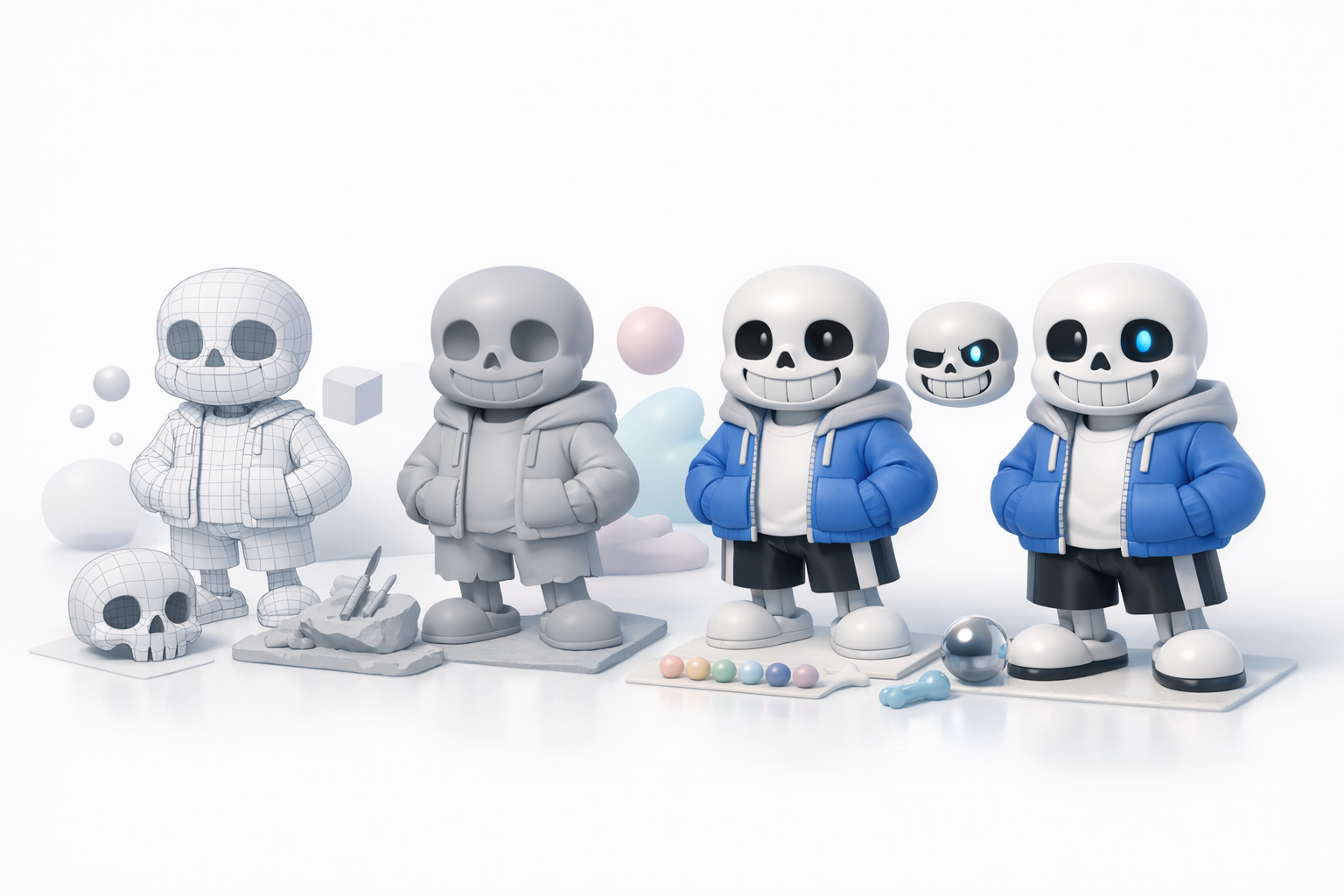 从零开始设计 Sans 3D 模型的流程示意图