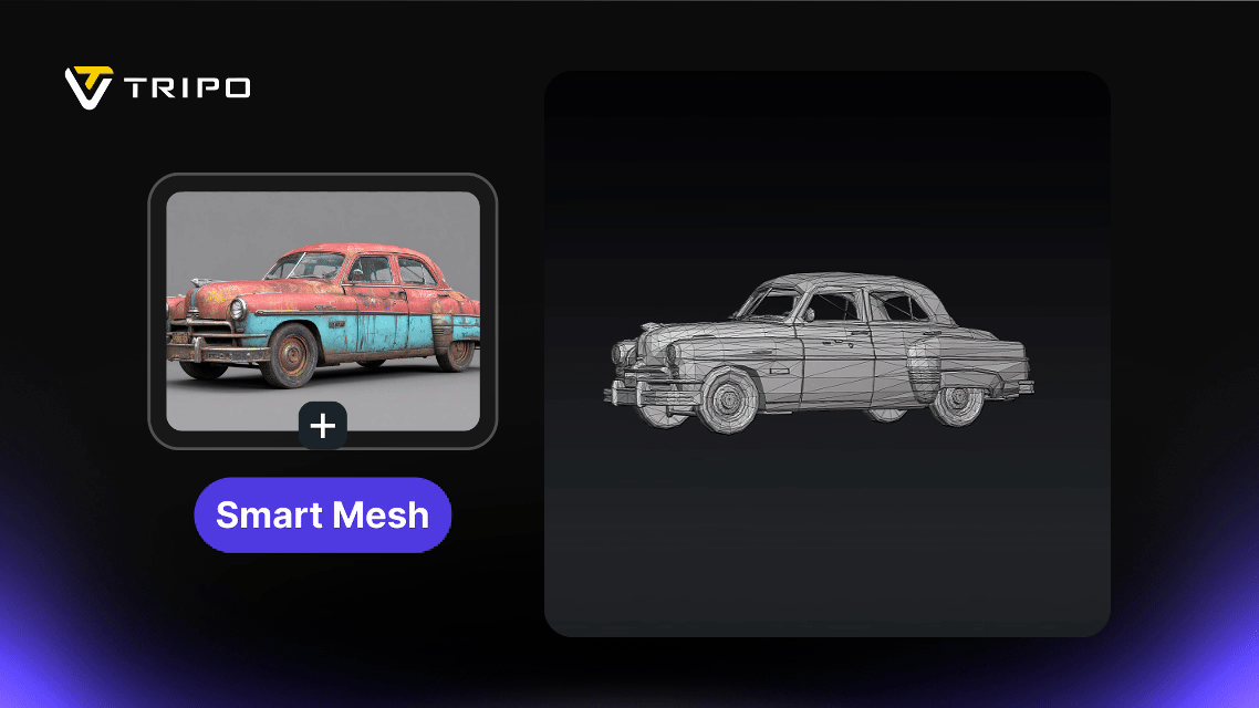 Smart Mesh wireframe output of a vintage car