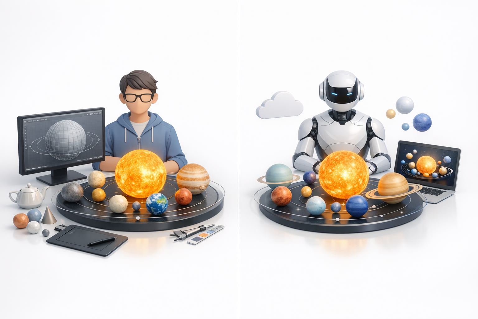 AI工作流程与传统3D工作流程对比示意图