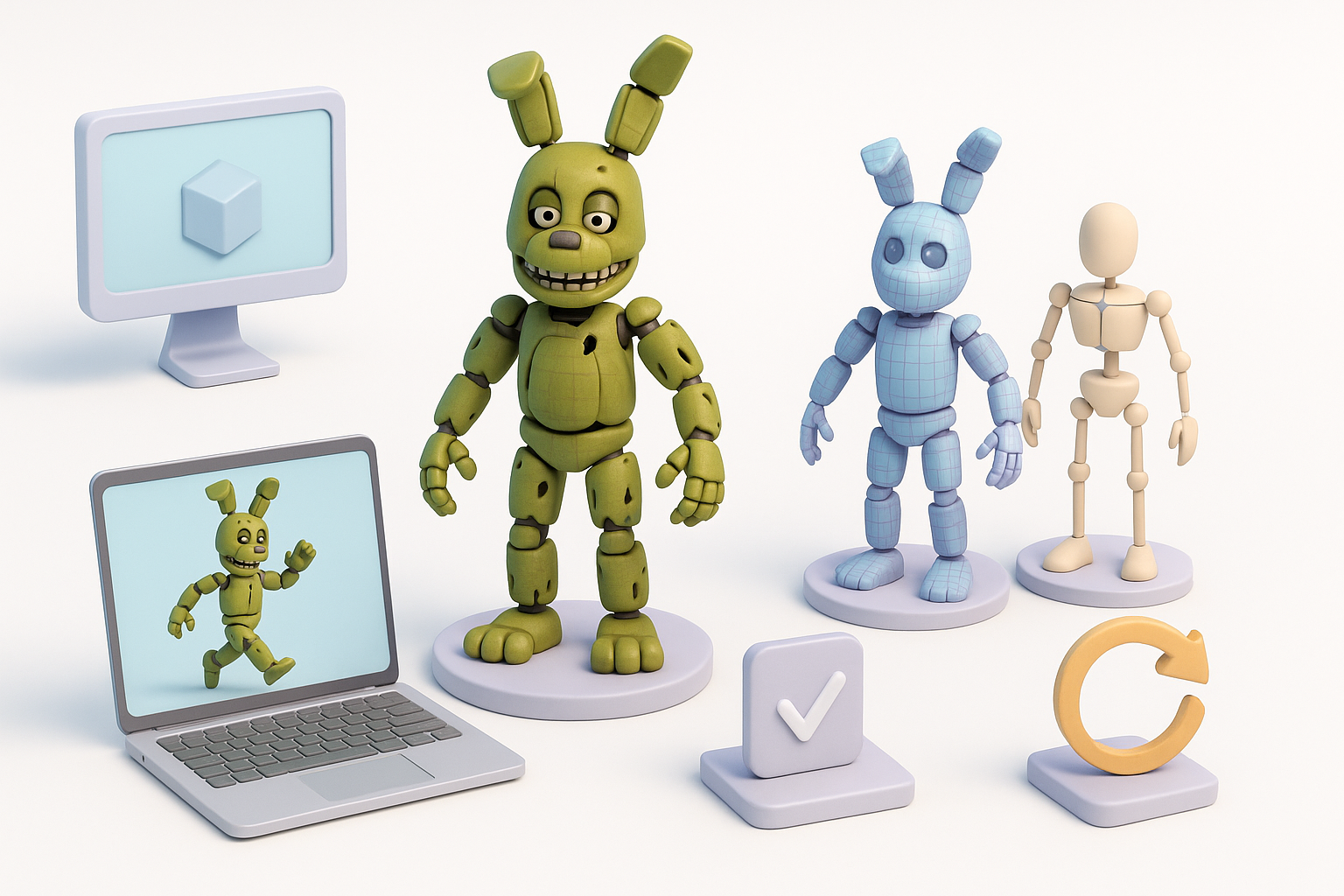 Retopology、Rigging 与动画准备示意图