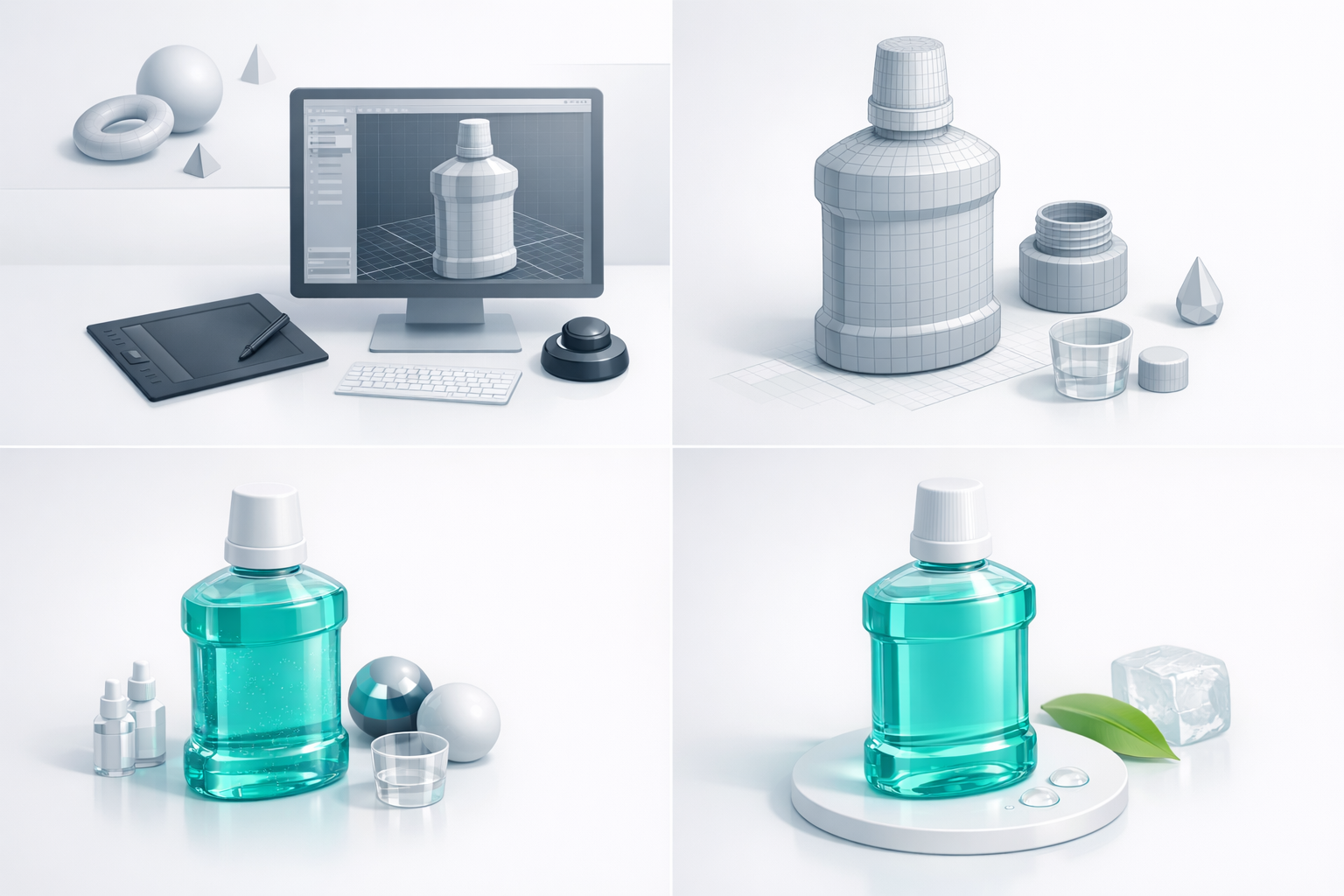 3D 模型制作分步工作流程示意图