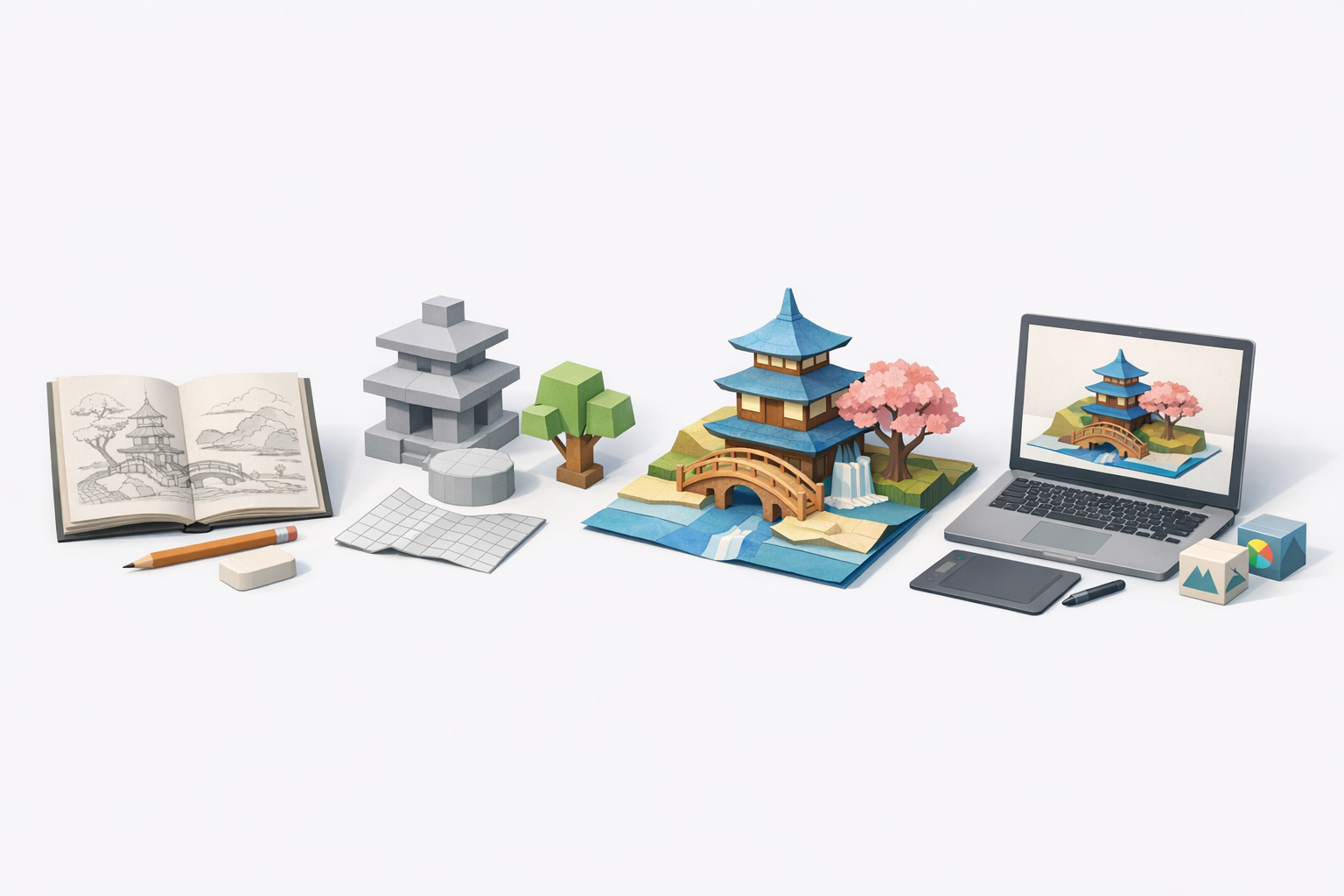 我的 Tengami 风格 3D 模型设计工作流程示意图