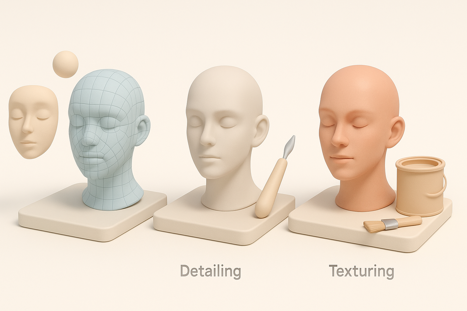 贴图、重新拓扑与细节处理技术示意图
