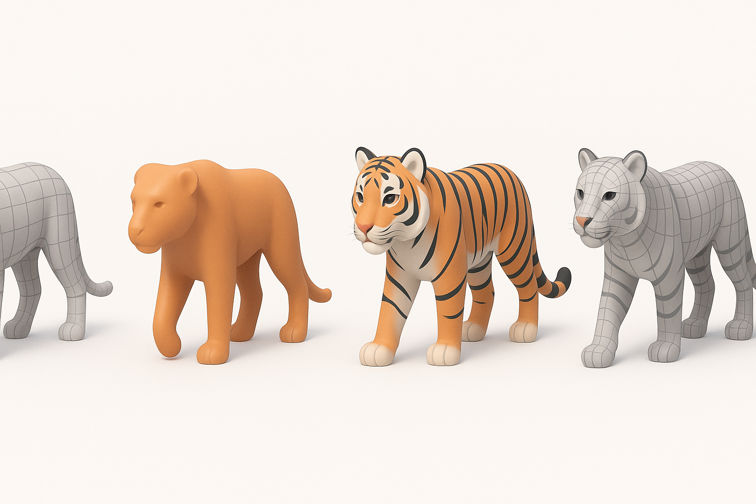 トラ3Dモデリングのステップバイステップワークフローイラスト