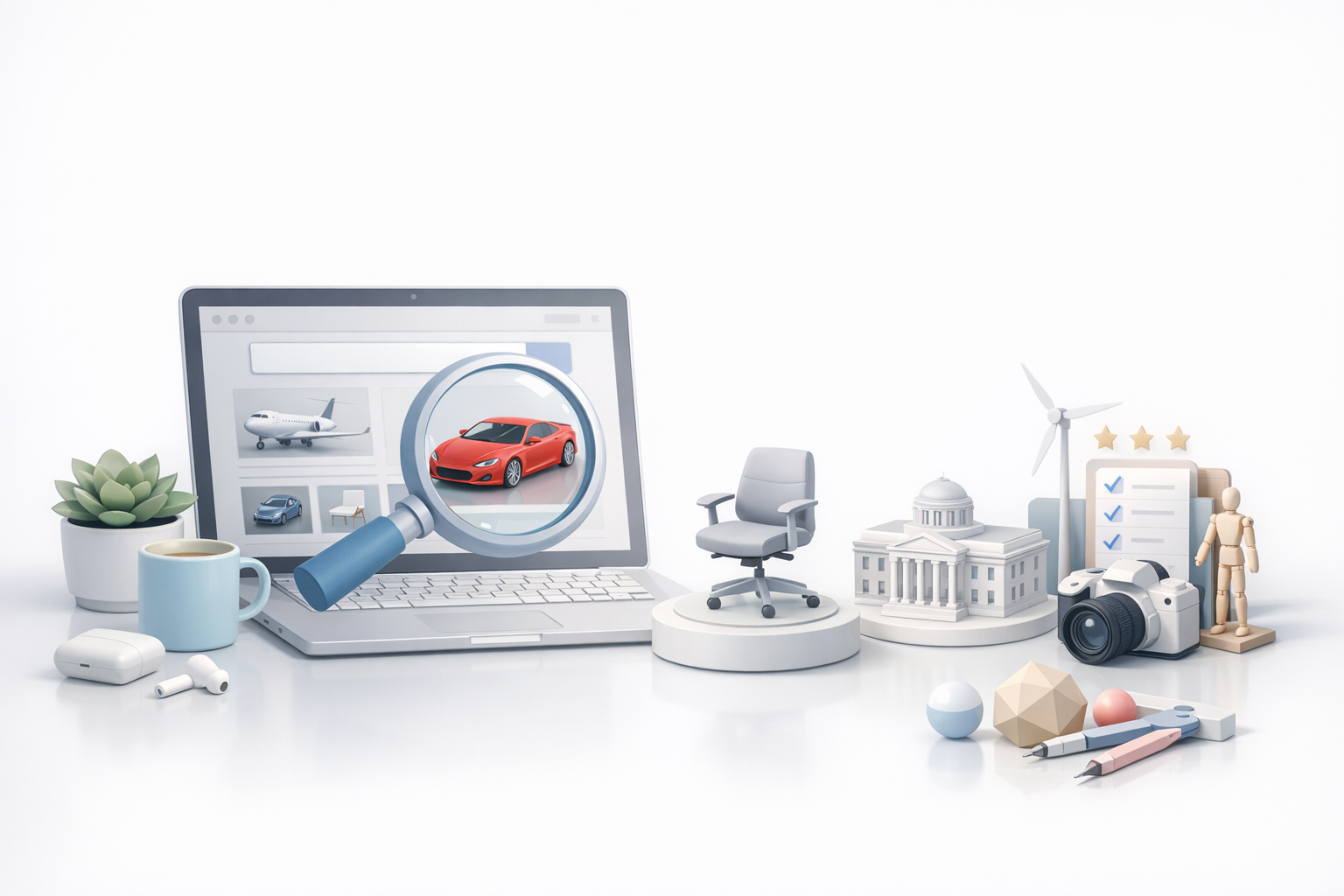 Ilustración de cómo busco y selecciono modelos 3D de calidad