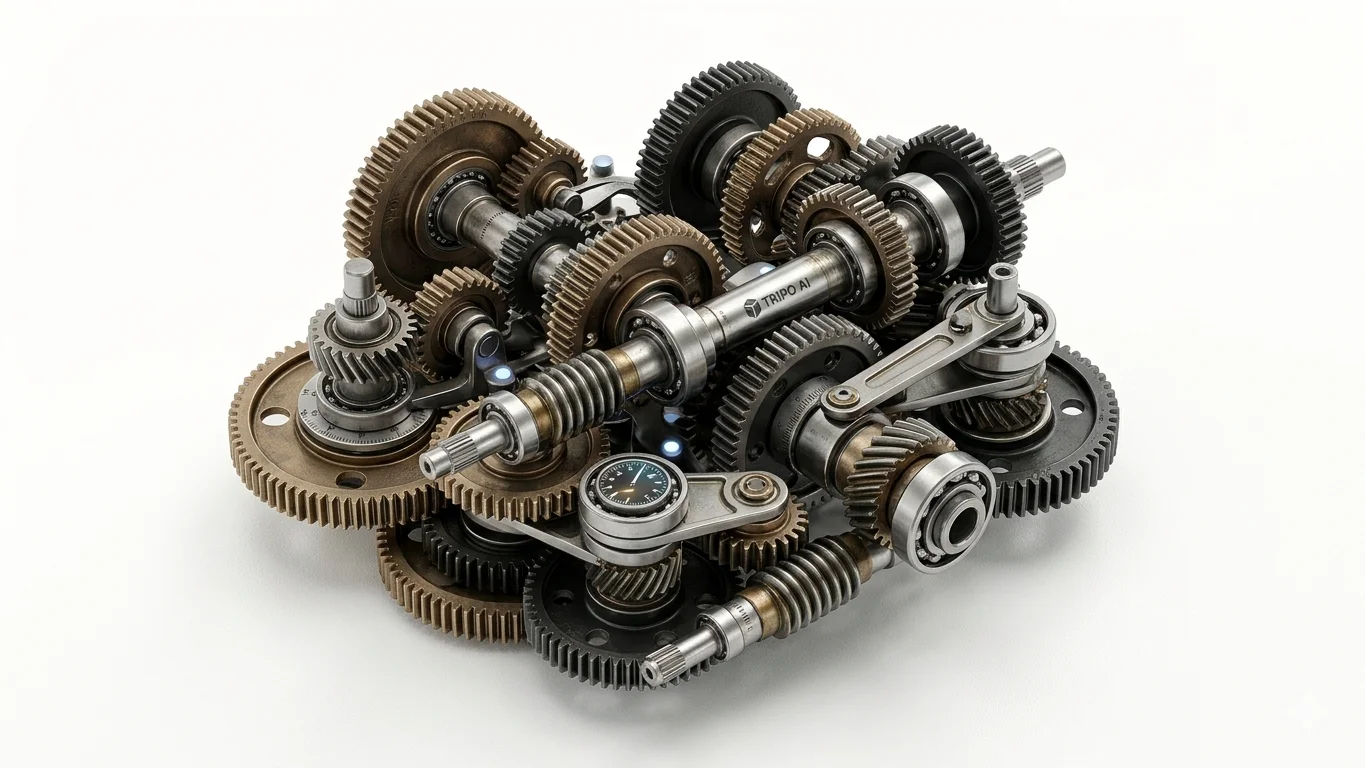 A highly detailed 3D printable mechanical gear assembly generated from text, showcasing intricate interlocking parts and realistic metallic surfaces.