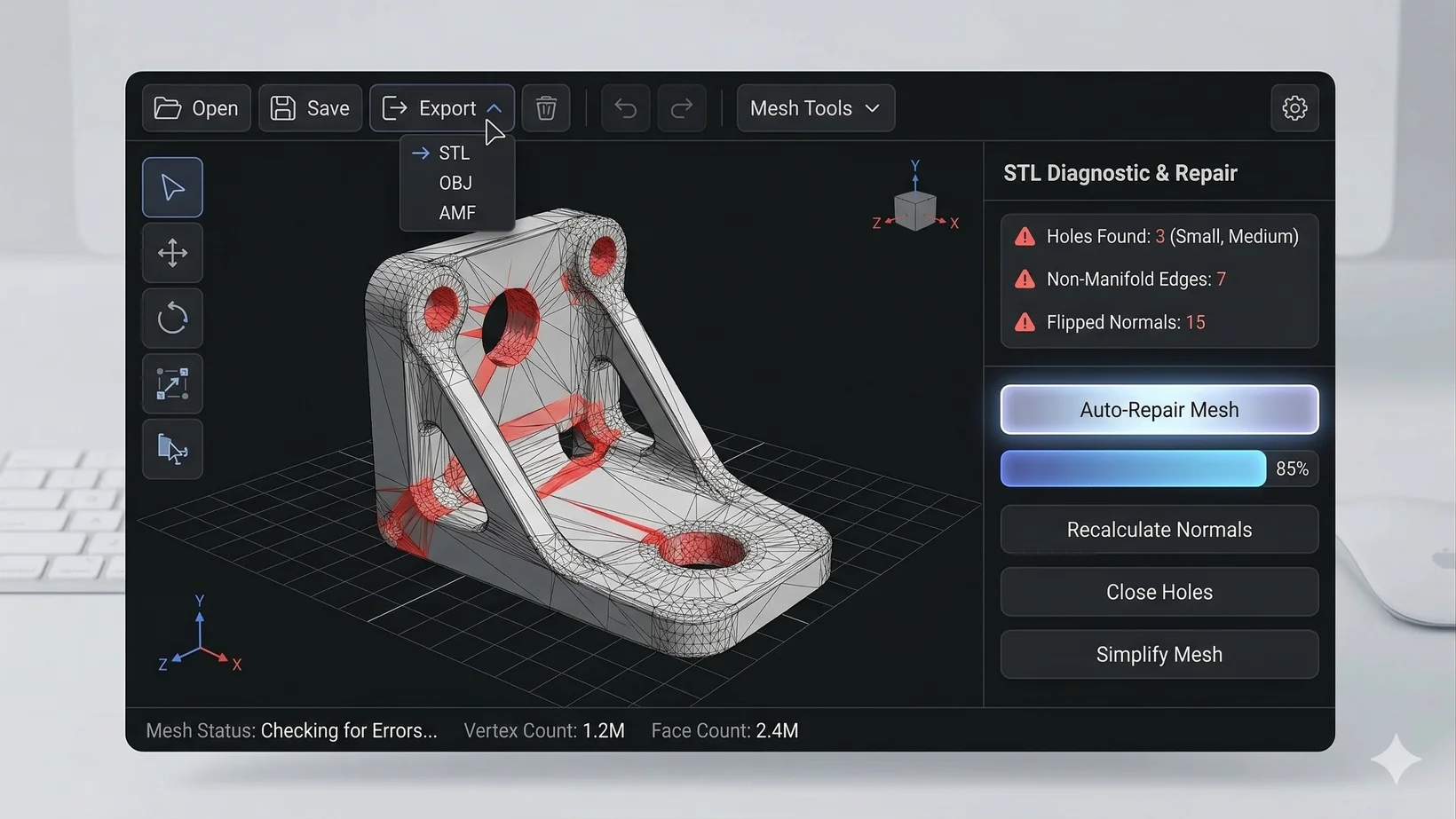A futuristic 3D workspace interface showing a complex mesh being automatically repaired with glowing highlights on a clean holographic display