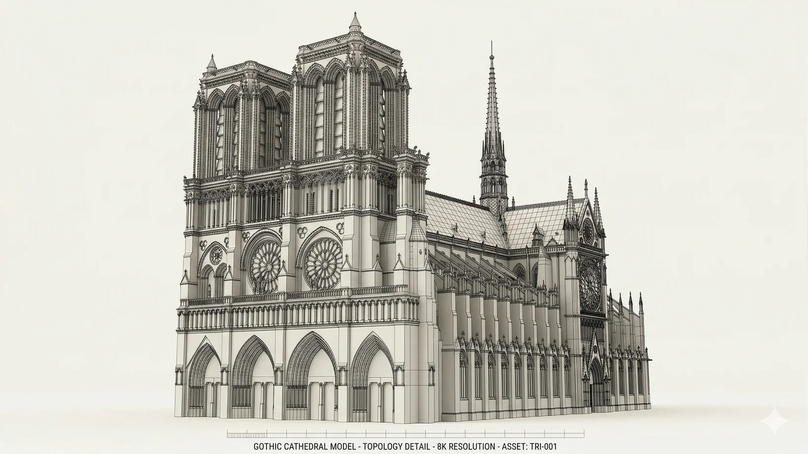 A high-detail 3D model of a gothic cathedral with perfect manifold geometry and intricate architectural textures