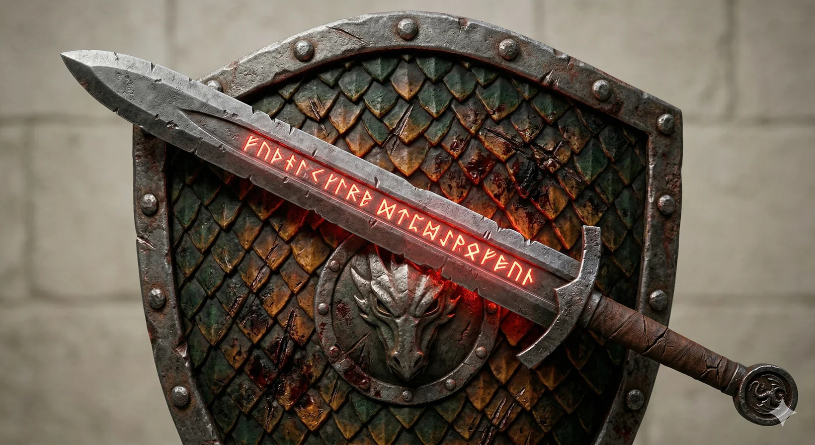 A highly detailed dragon-scale shield with glowing runes