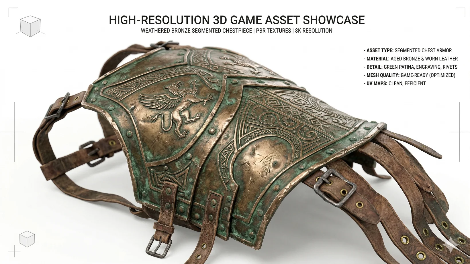 A highly detailed 3D game asset of weathered bronze armor
