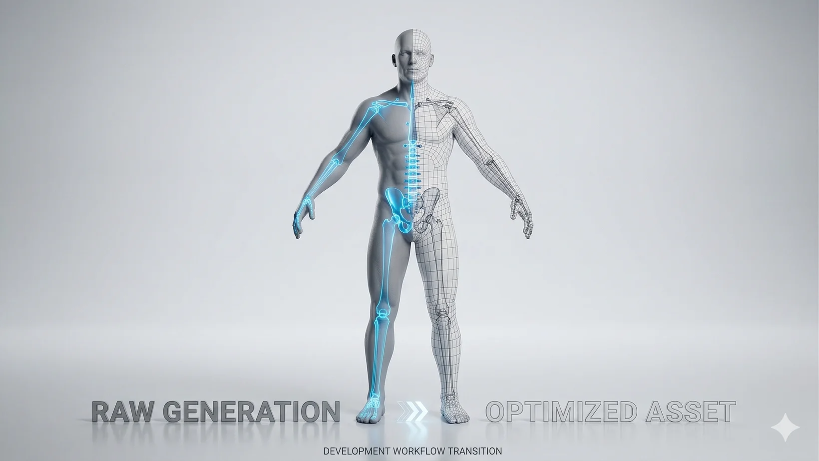 A 3D character model undergoing rigging and optimization