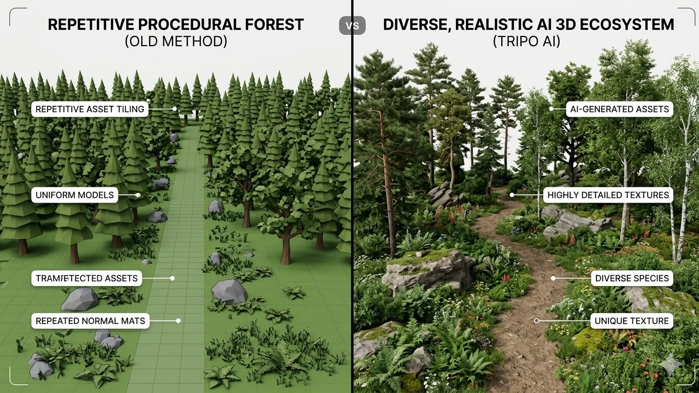 A comparison between repetitive procedural patterns and diverse AI-generated 3D assets