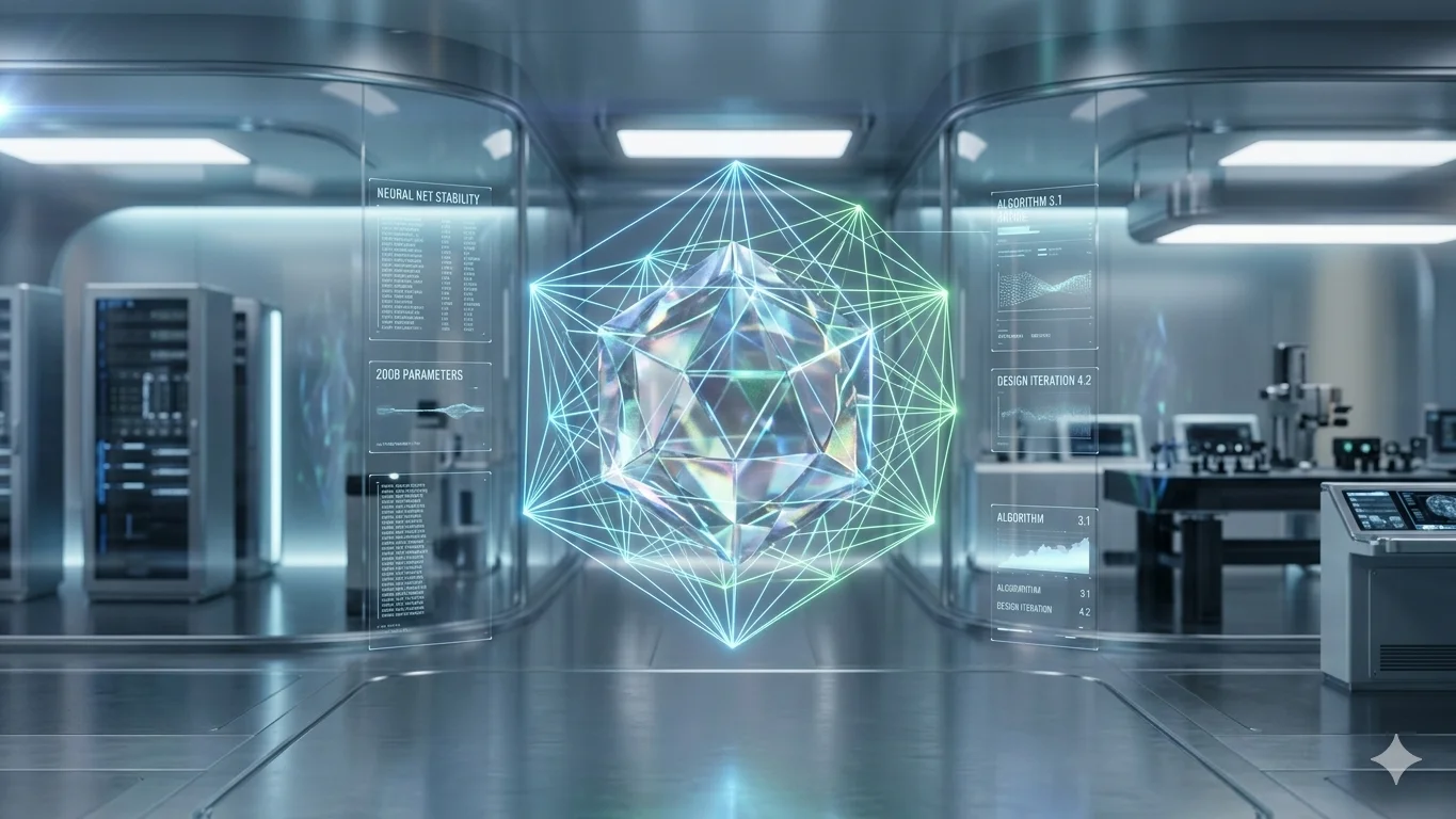 A futuristic 3D workspace showing a complex crystalline structure being generated via neural networks