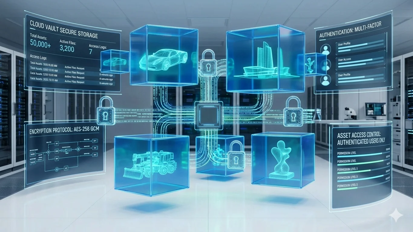 Secure digital vault interface managing 3D assets with encryption symbols