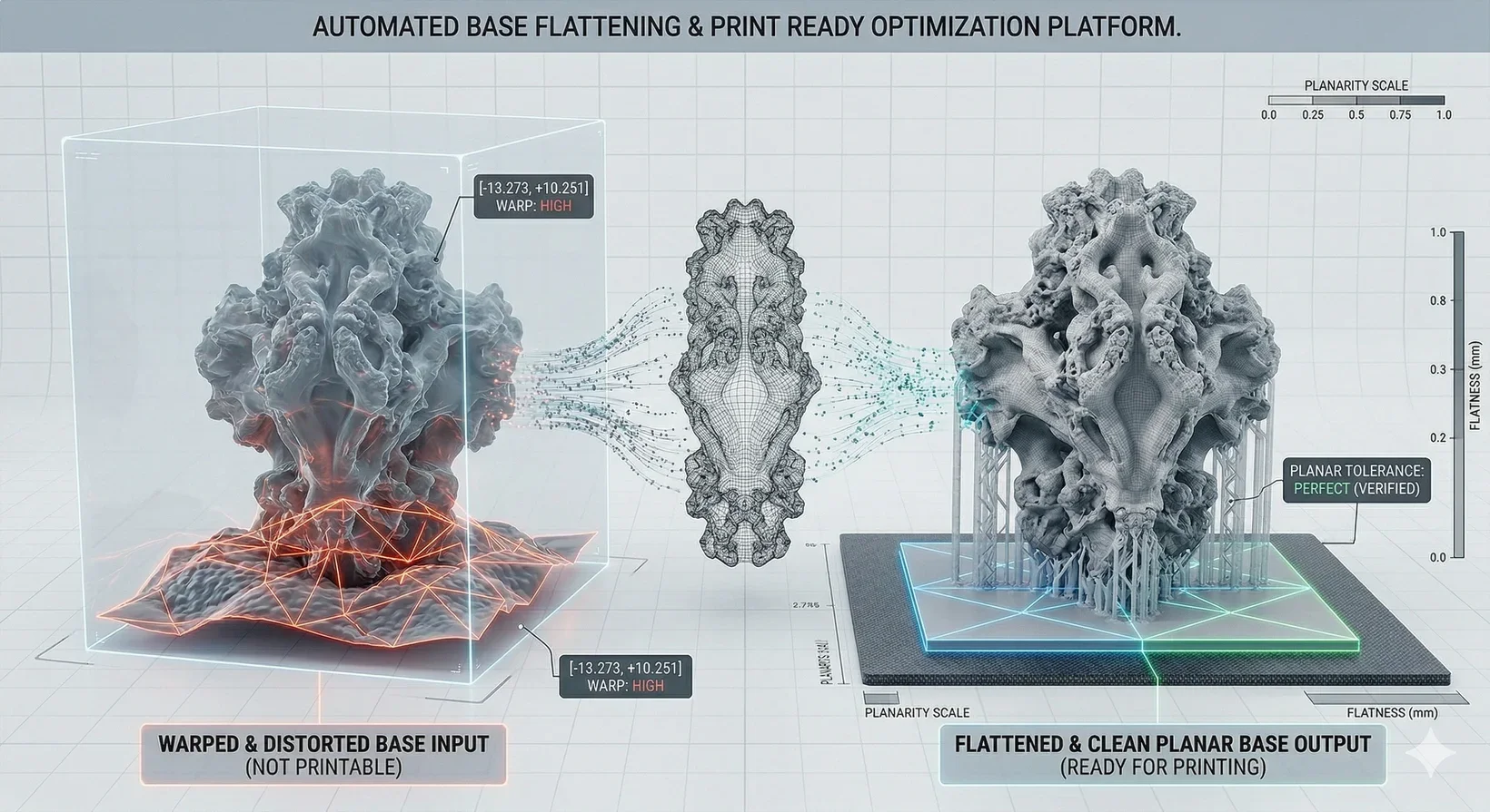 畸變與校正後的平坦 3D 表面對比