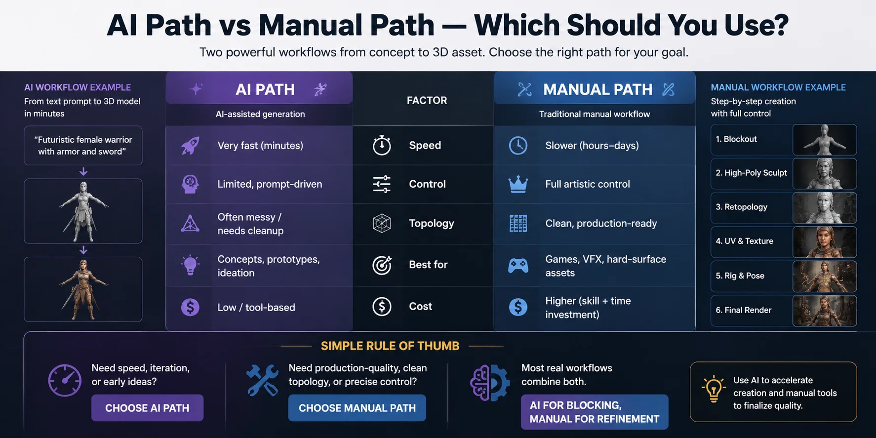 ai and manual 3d modeling paths compared by speed and control